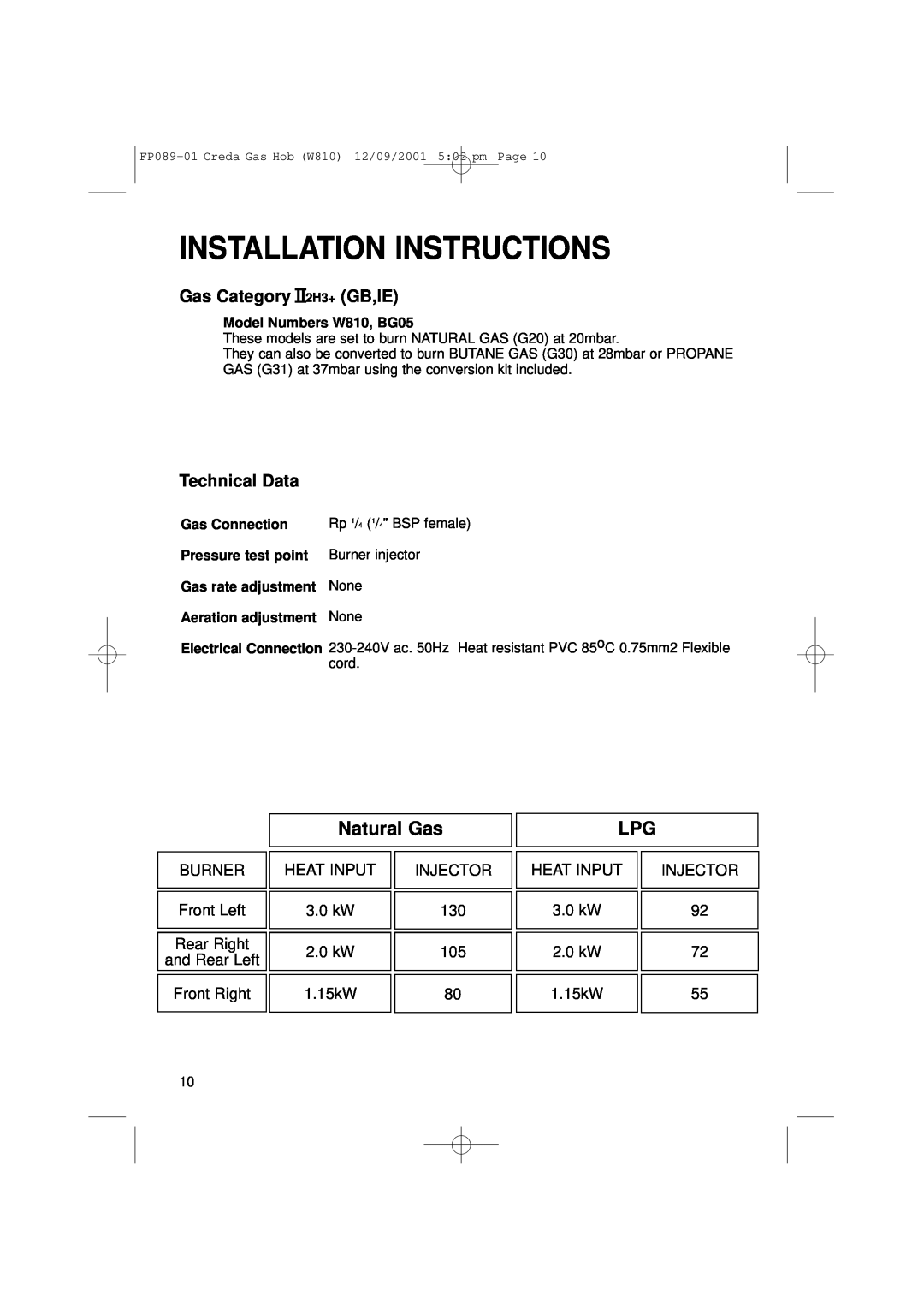 Creda manual Installation Instructions, Natural Gas, Gas Category II2H3+ GB,IE, Technical Data, Model Numbers W810, BG05 