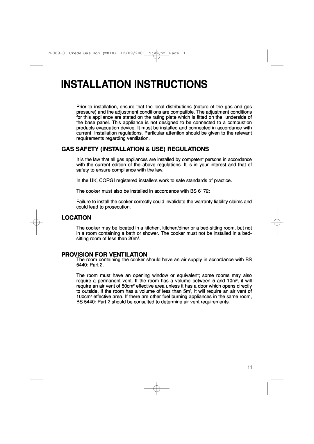 Creda W810 manual Gas Safety Installation & Use Regulations, Location, Provision For Ventilation, Installation Instructions 