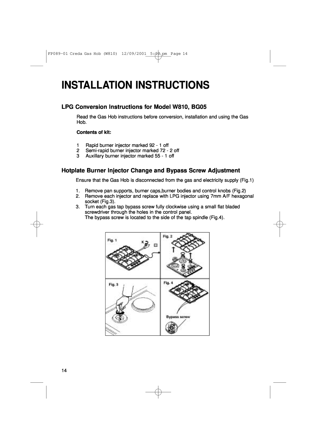 Creda LPG Conversion Instructions for Model W810, BG05, Hotplate Burner Injector Change and Bypass Screw Adjustment 