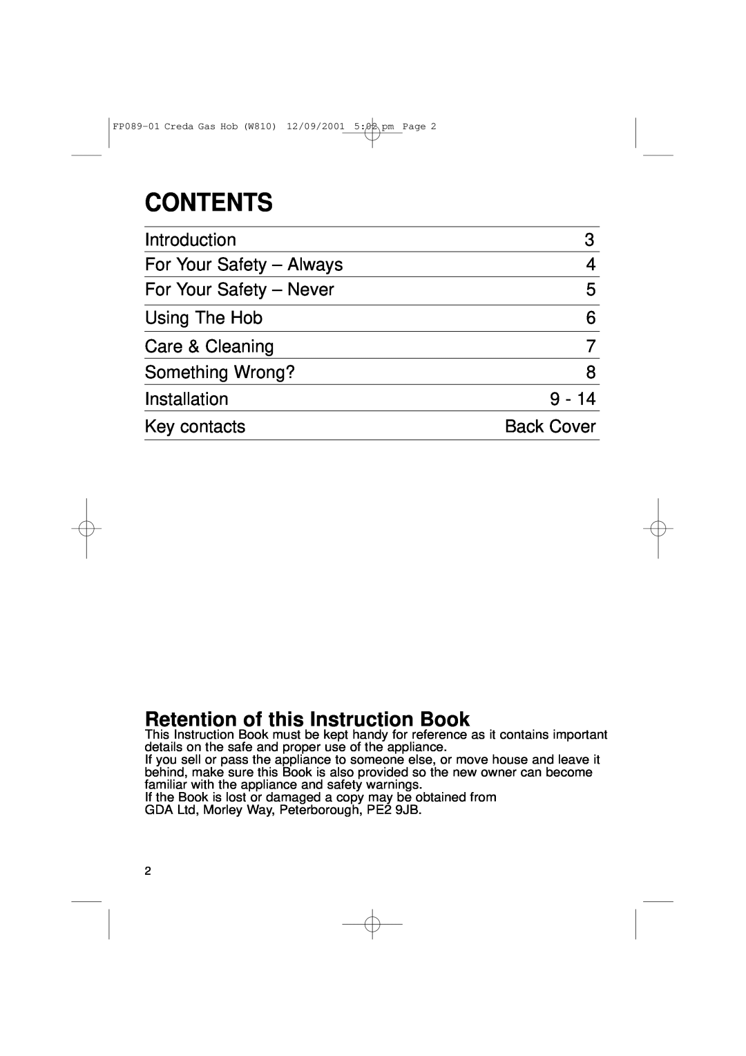 Creda W810 Contents, Retention of this Instruction Book, Introduction, For Your Safety - Always, For Your Safety - Never 
