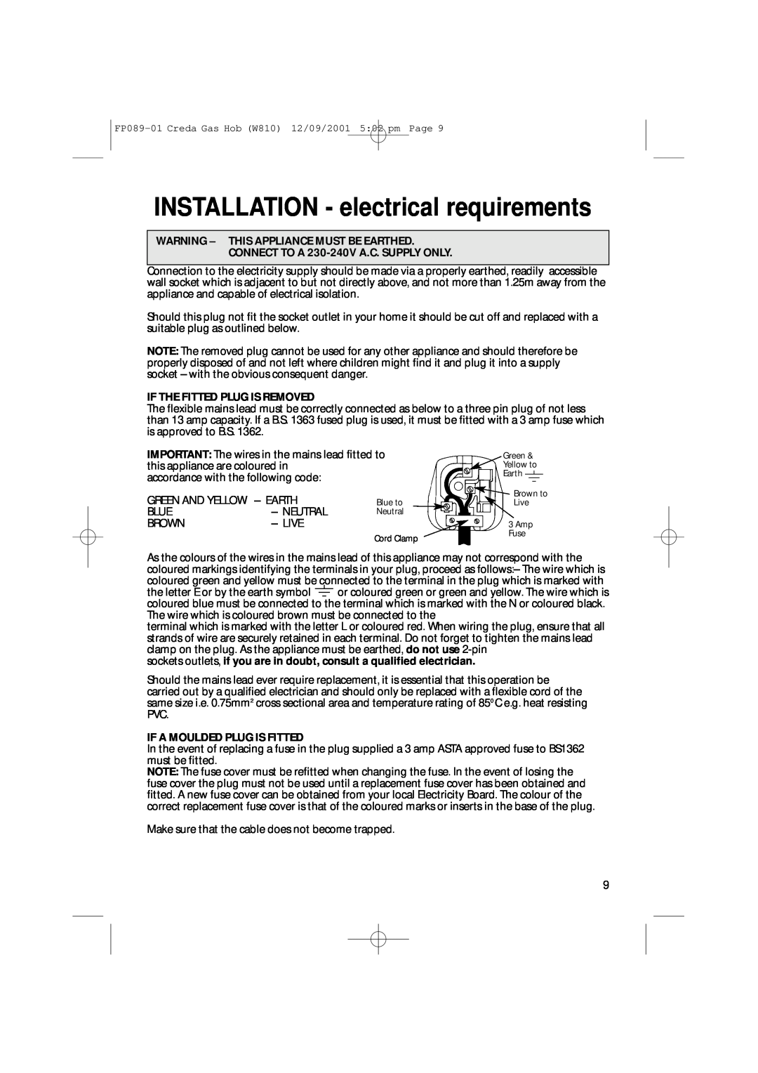Creda W810 INSTALLATION - electrical requirements, Warning - This Appliance Must Be Earthed, If The Fitted Plug Is Removed 