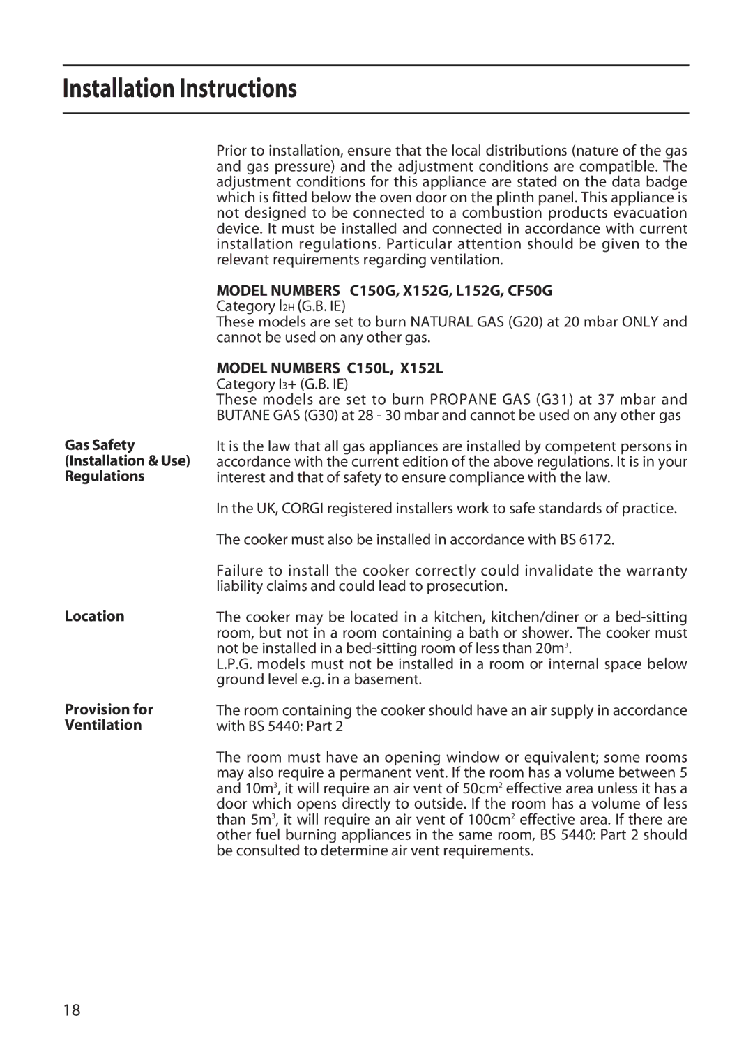 Creda X152 installation instructions Installation Instructions, Category I3+ G.B. IE 