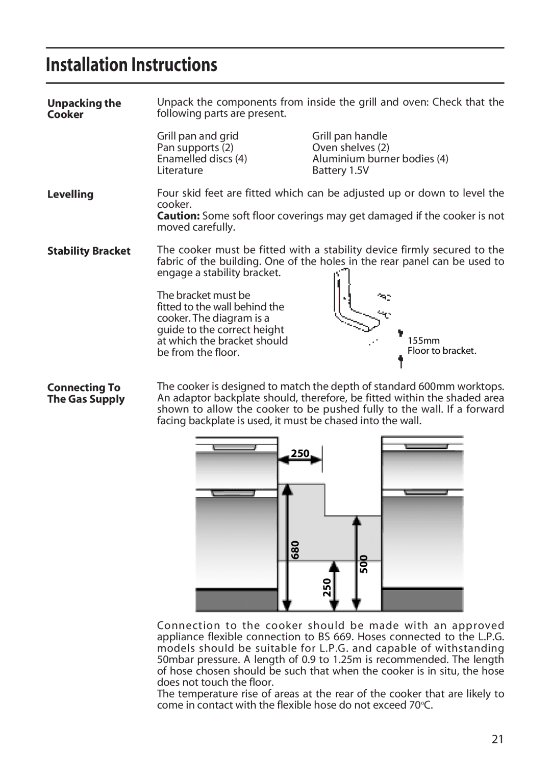 Creda X152 installation instructions Unpacking the Cooker Levelling Stability Bracket, Be from the floor, 250 680 500 