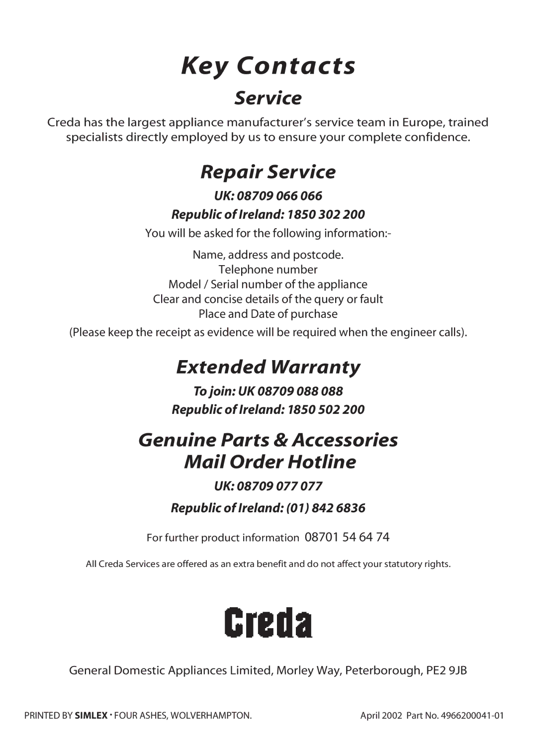 Creda X152 installation instructions Key Contacts, For further product information 08701 54 64 