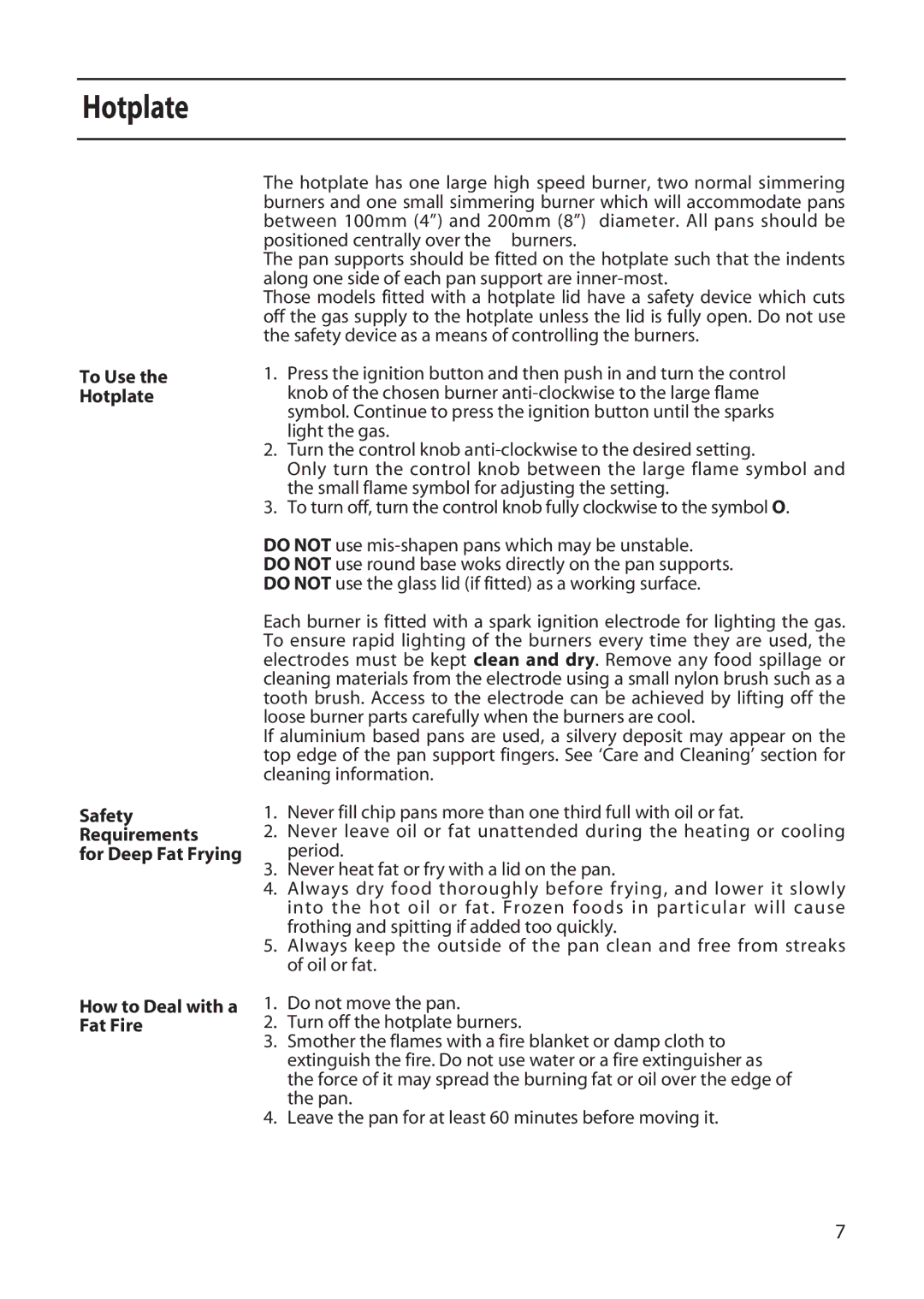 Creda X152 installation instructions To Use Hotplate, For Deep Fat Frying, How to Deal with a Fat Fire 