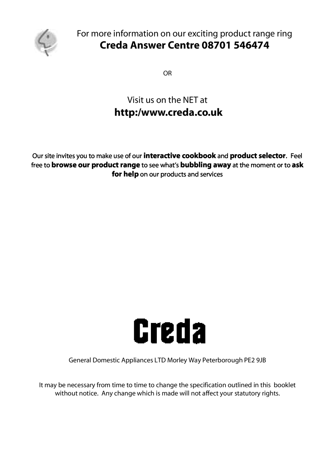 Creda X152 installation instructions Creda Answer Centre, Visit us on the NET at 
