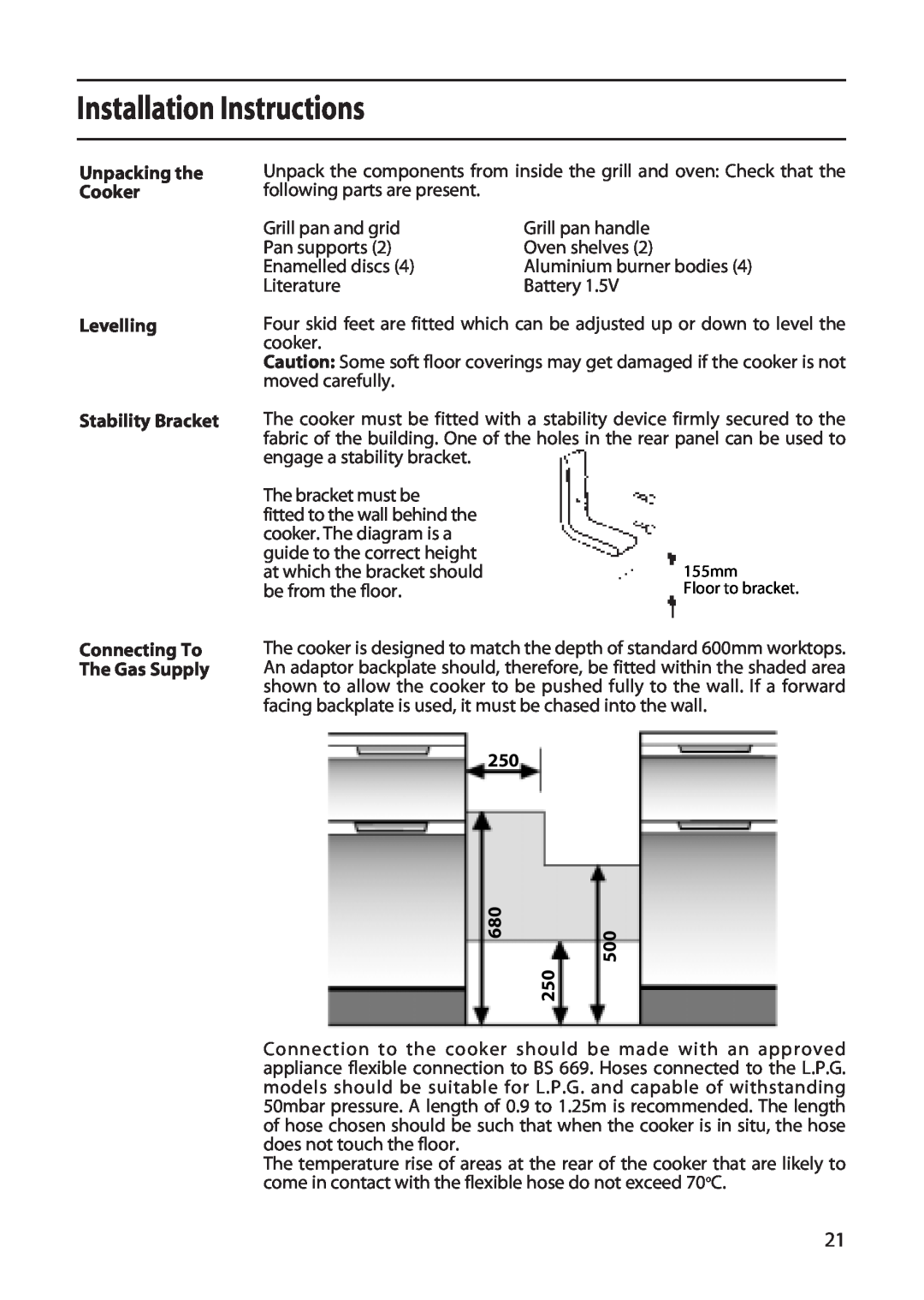 Creda X152 installation instructions Installation Instructions, Unpacking the Cooker Levelling Stability Bracket, 680680 
