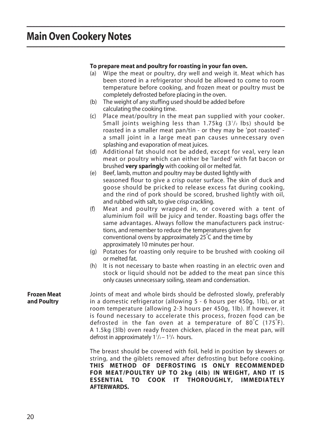 Creda X152E manual To prepare meat and poultry for roasting in your fan oven, Frozen Meat, Poultry 