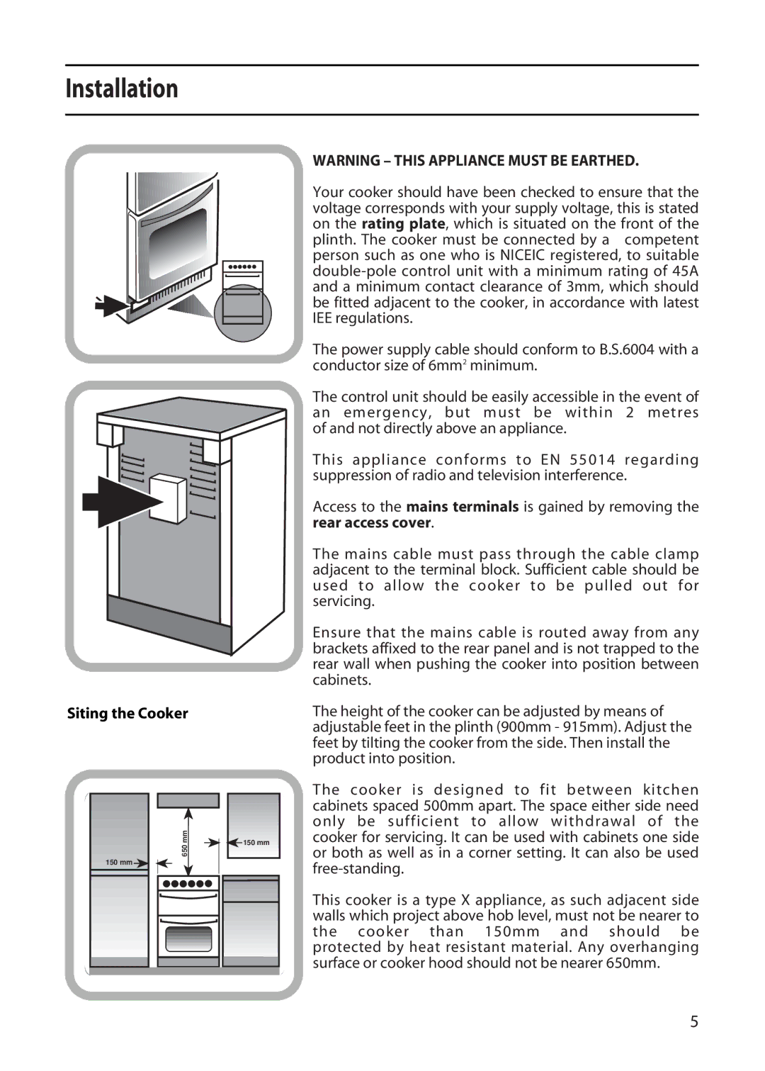 Creda X152E manual Installation, Siting the Cooker 