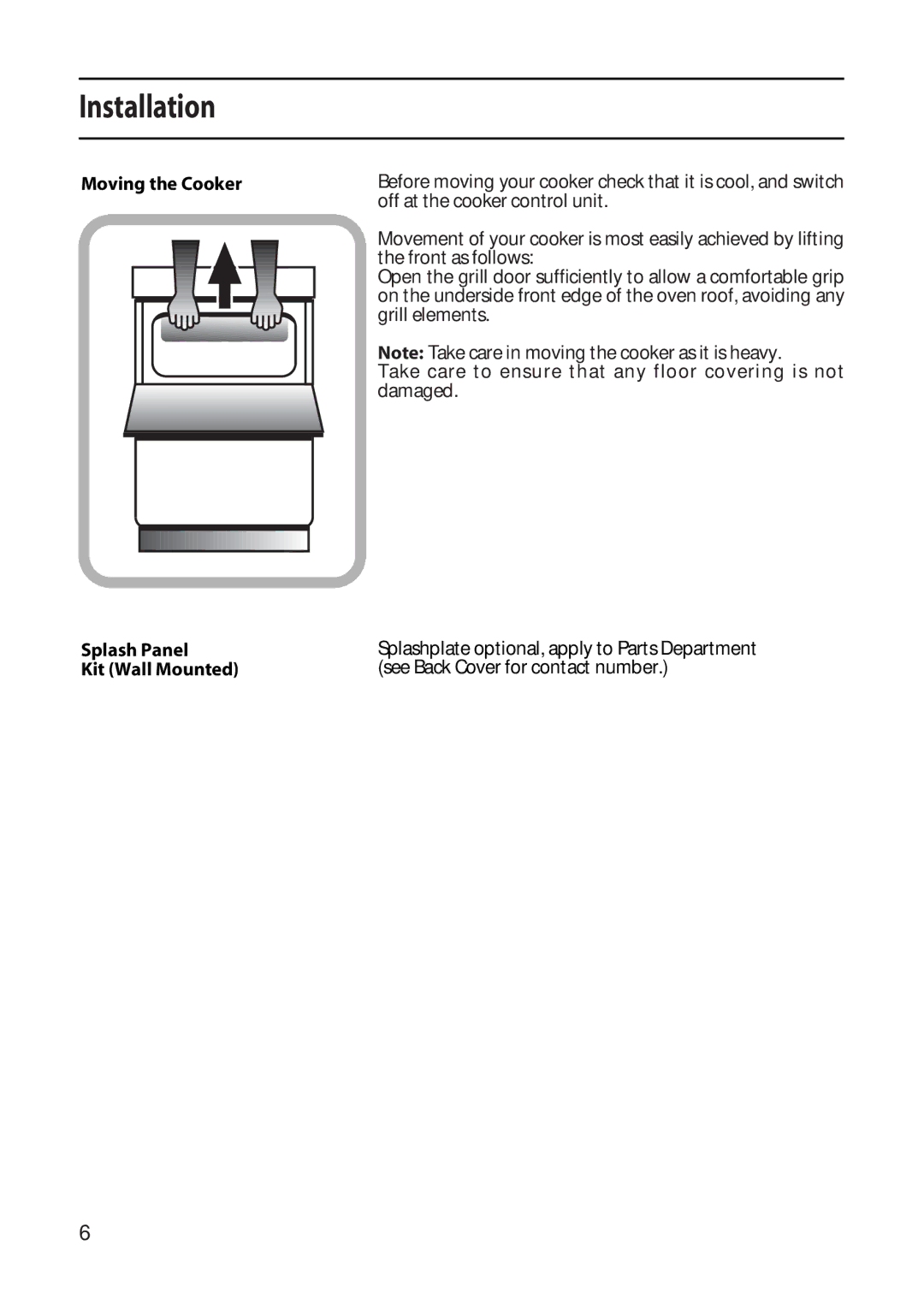 Creda X152E manual Moving the Cooker Splash Panel Kit Wall Mounted 