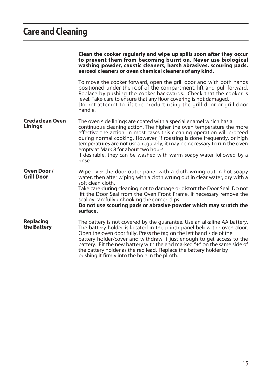 Creda X153, L153, C150 installation instructions Care and Cleaning 