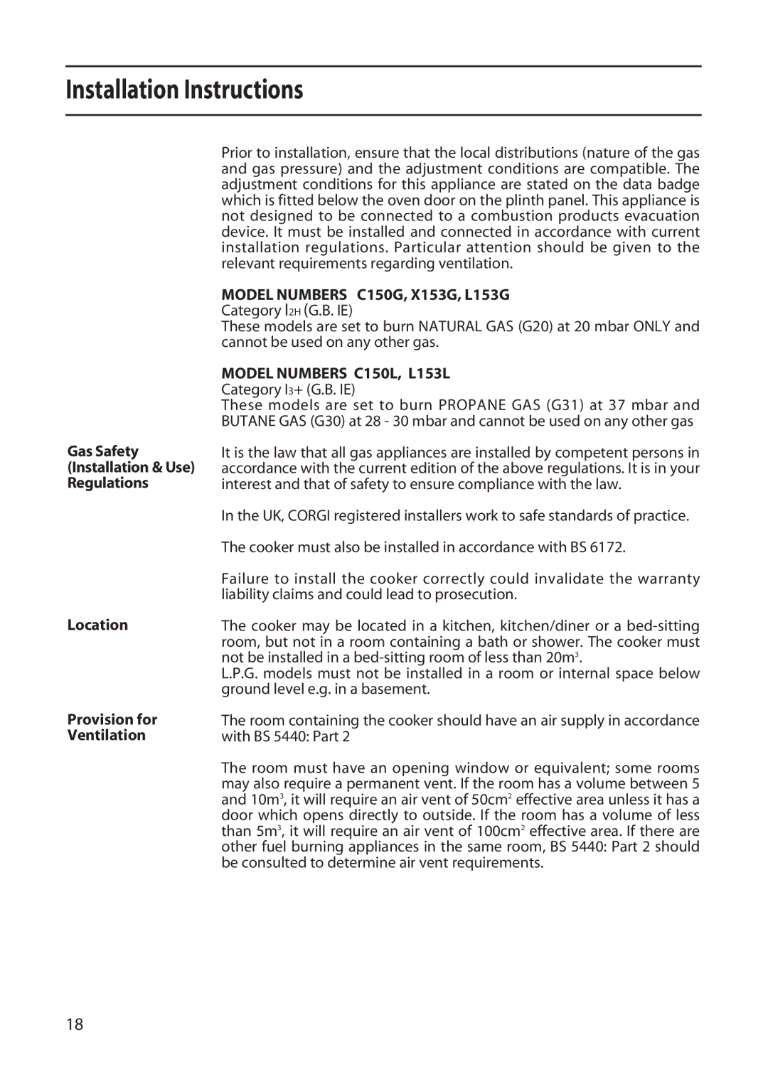 Creda X153, L153, C150 installation instructions Installation Instructions, Category I3+ G.B. IE 