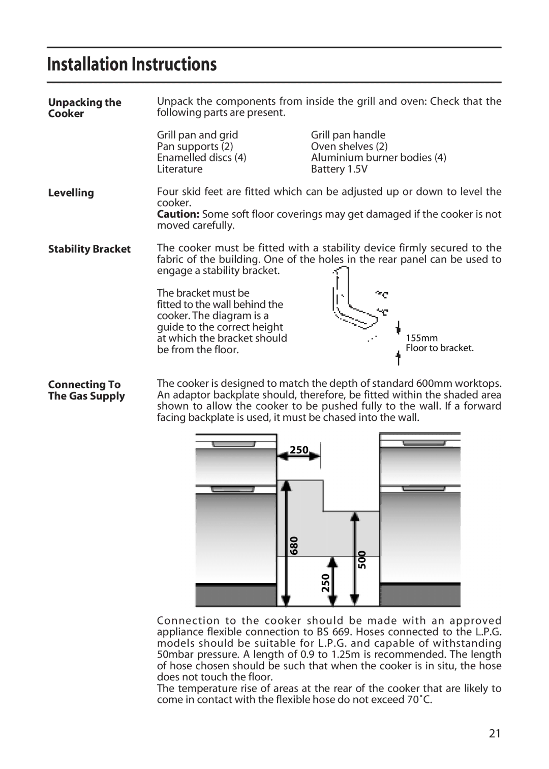 Creda X153, L153, C150 Unpacking the Cooker Levelling Stability Bracket, Be from the floor, 250 680 500 