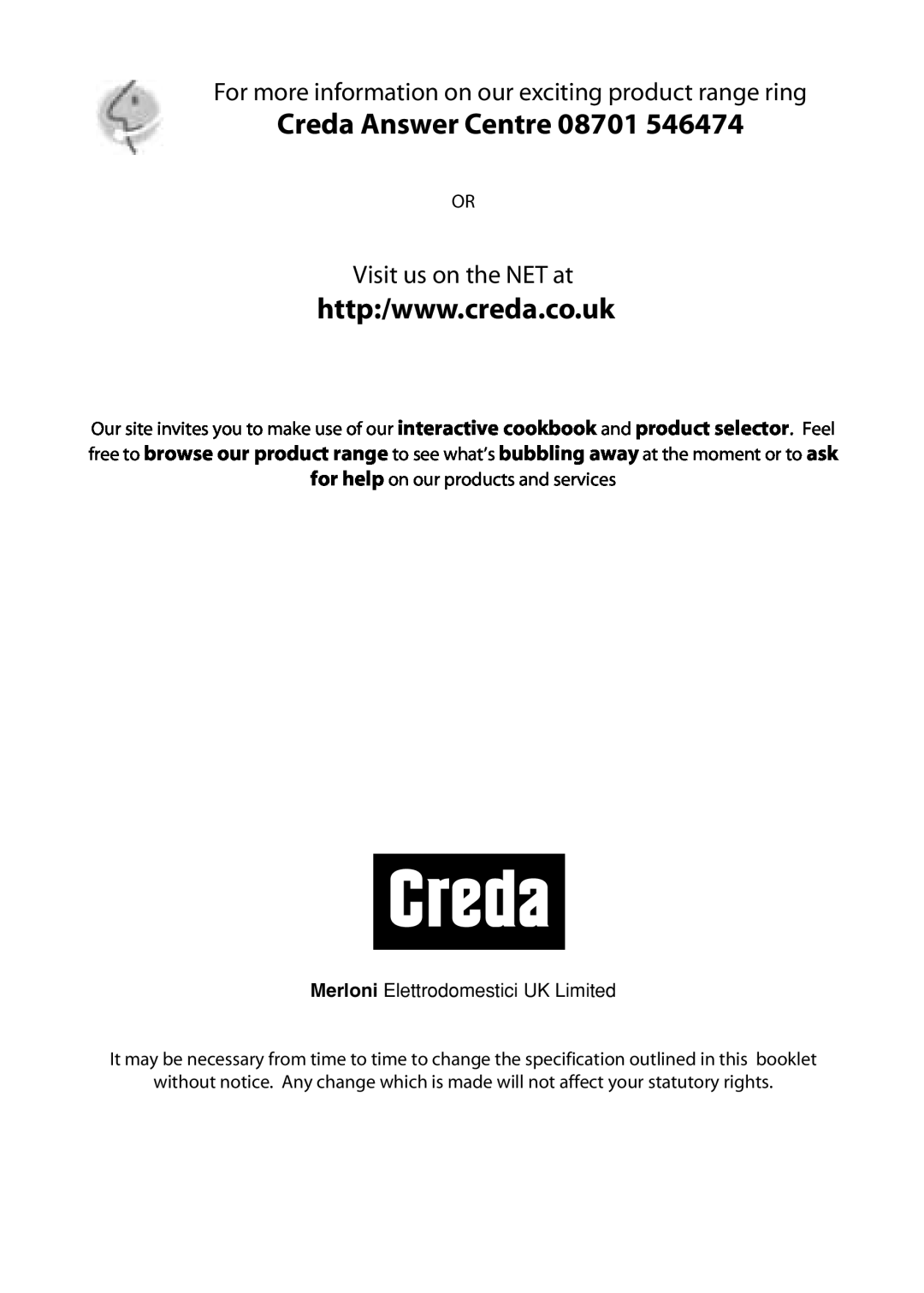 Creda C150, X153, L153 installation instructions Creda Answer Centre, Visit us on the NET at 