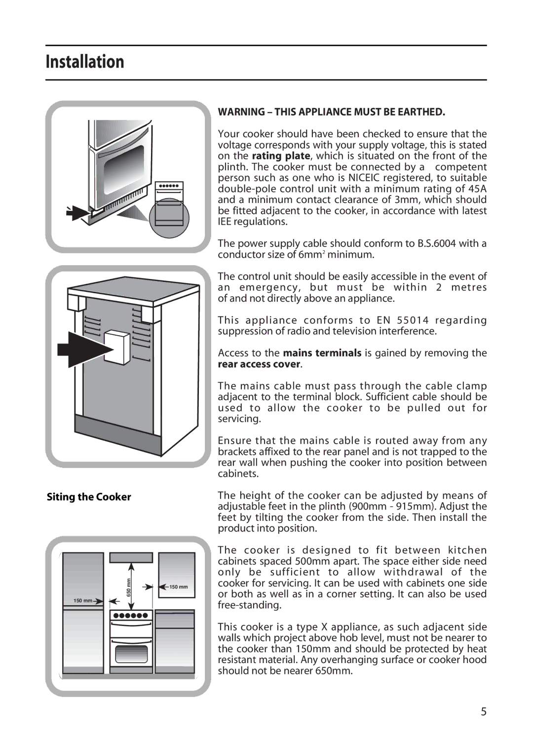 Creda X155E manual Installation, Siting the Cooker 