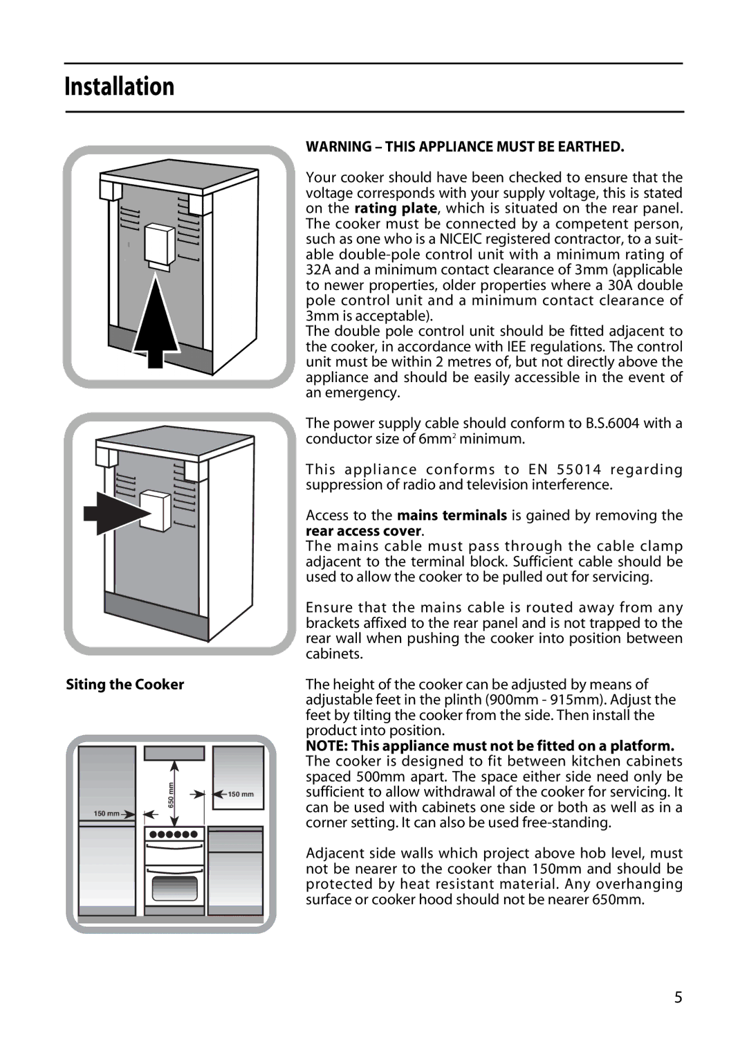 Creda X253E, X156E, X153E manual Installation, Siting the Cooker 