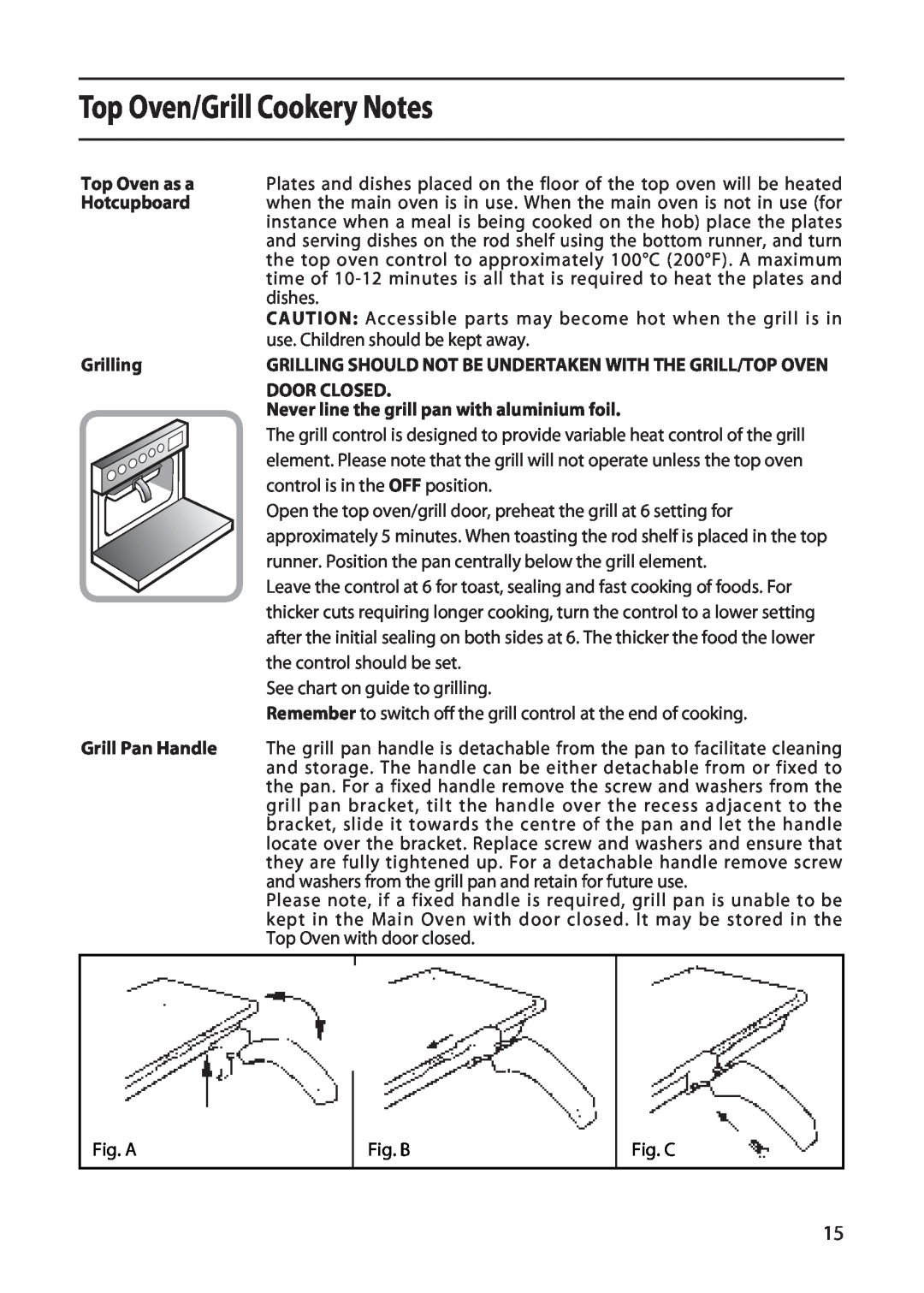 Creda X252E manual Top Oven/Grill Cookery Notes, Top Oven as a, Hotcupboard, Grilling, Door Closed, Grill Pan Handle 