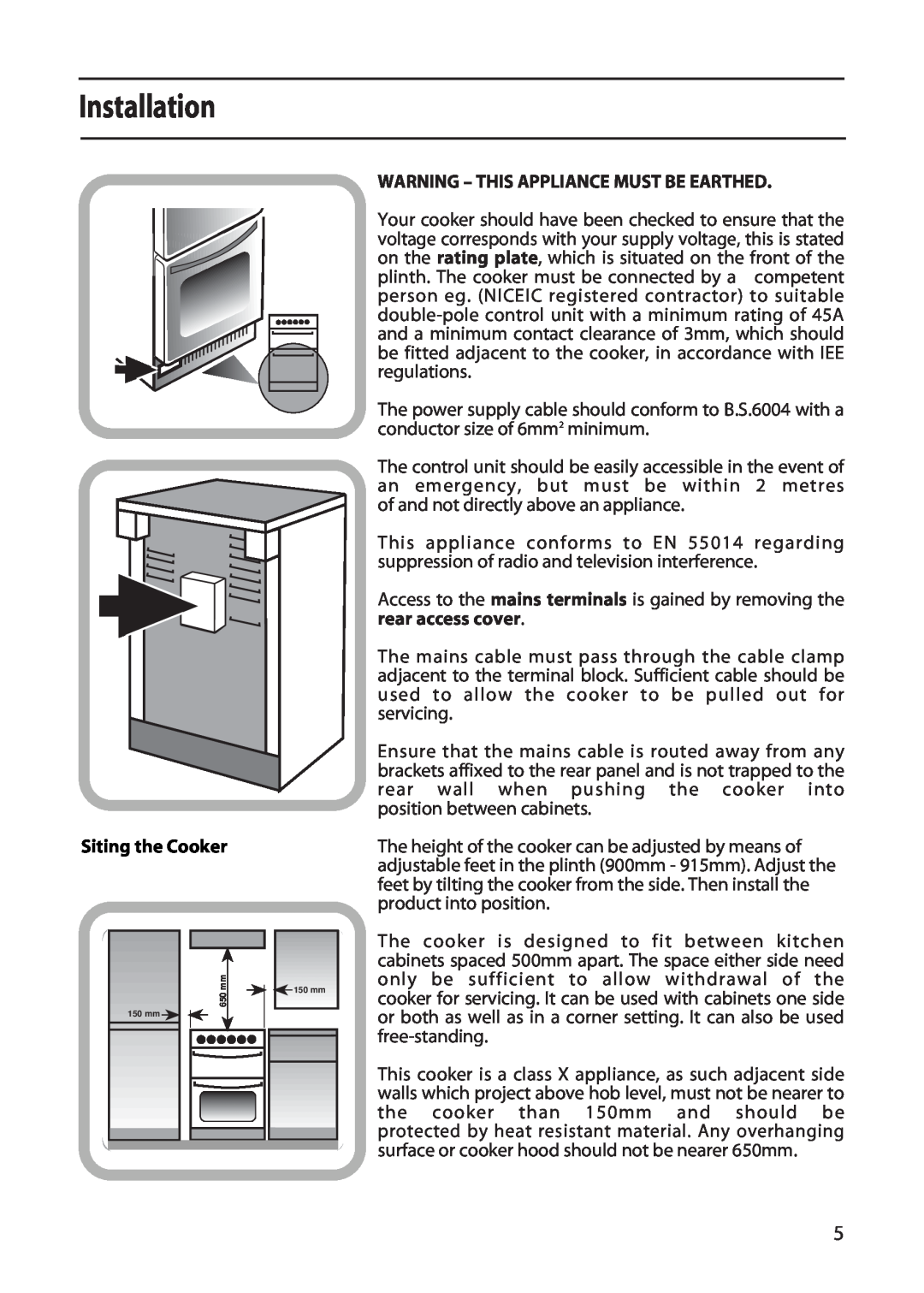 Creda X252E manual Installation, Siting the Cooker, Warning - This Appliance Must Be Earthed 
