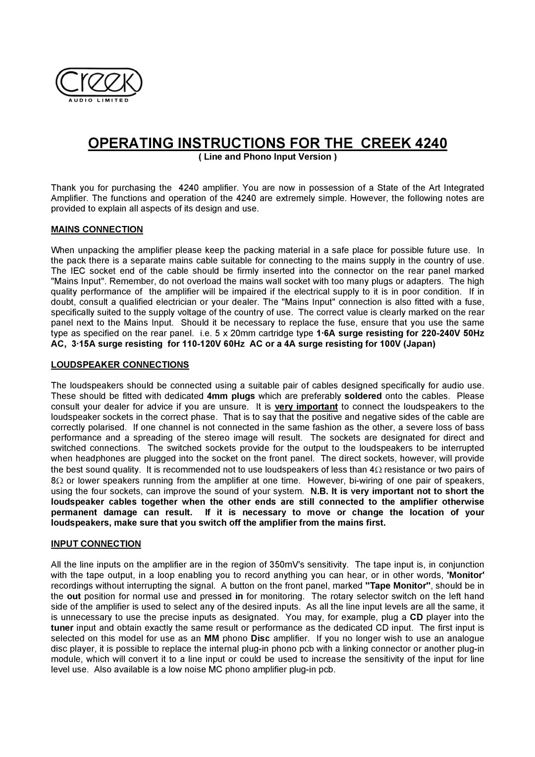 Creek Audio 4240 manual Operating Instructions for the Creek, Line and Phono Input Version, Mains Connection 