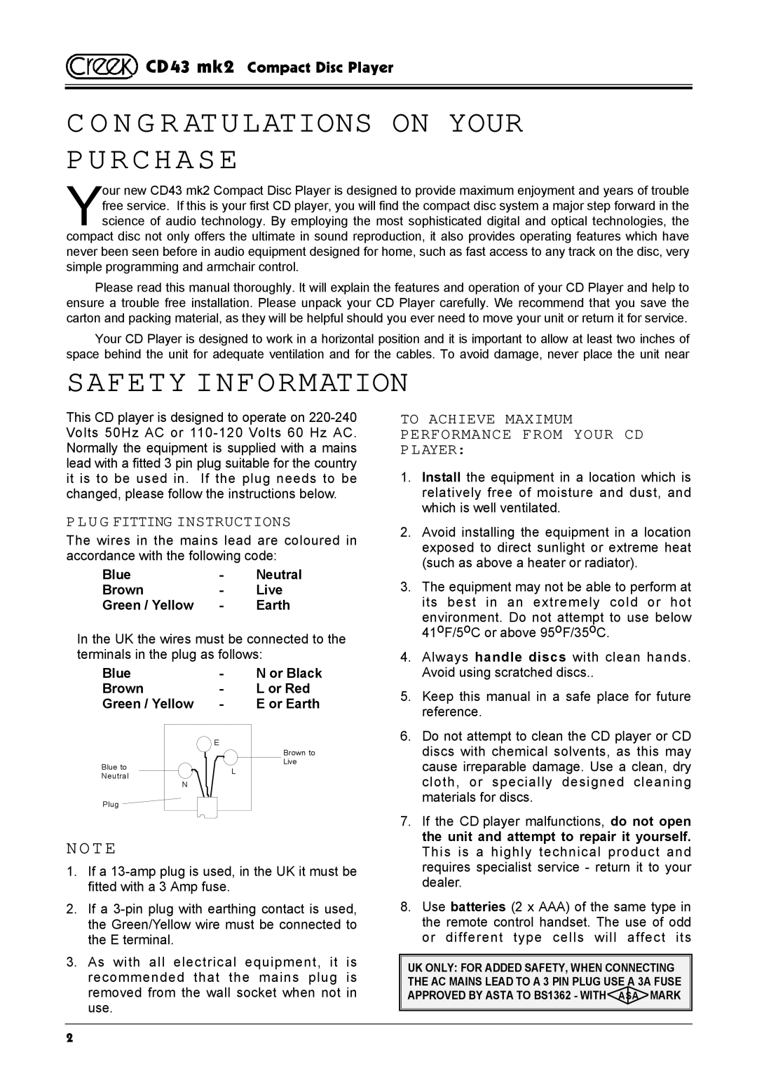 Creek Audio CD43 mk 2 manual N G R Atulations on Your Purchase, Safety Information, T E, U G Fitting Instructions 