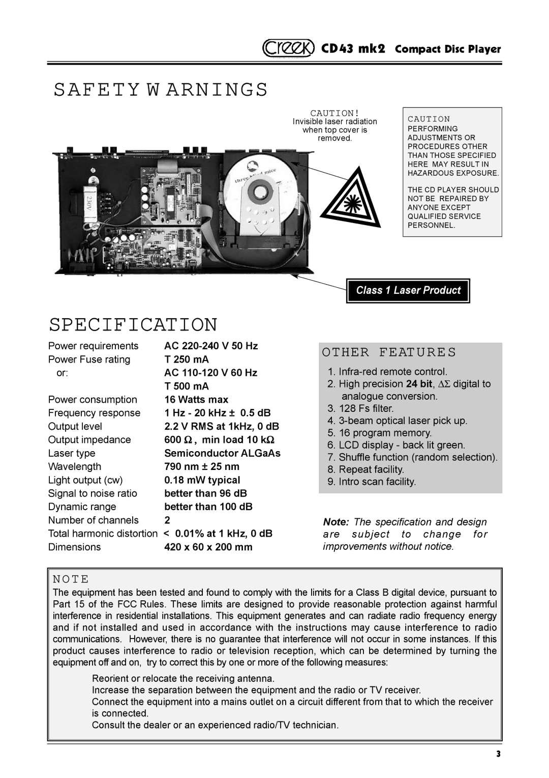 Creek Audio CD43 mk 2 manual Safety W Arnings, Specification 