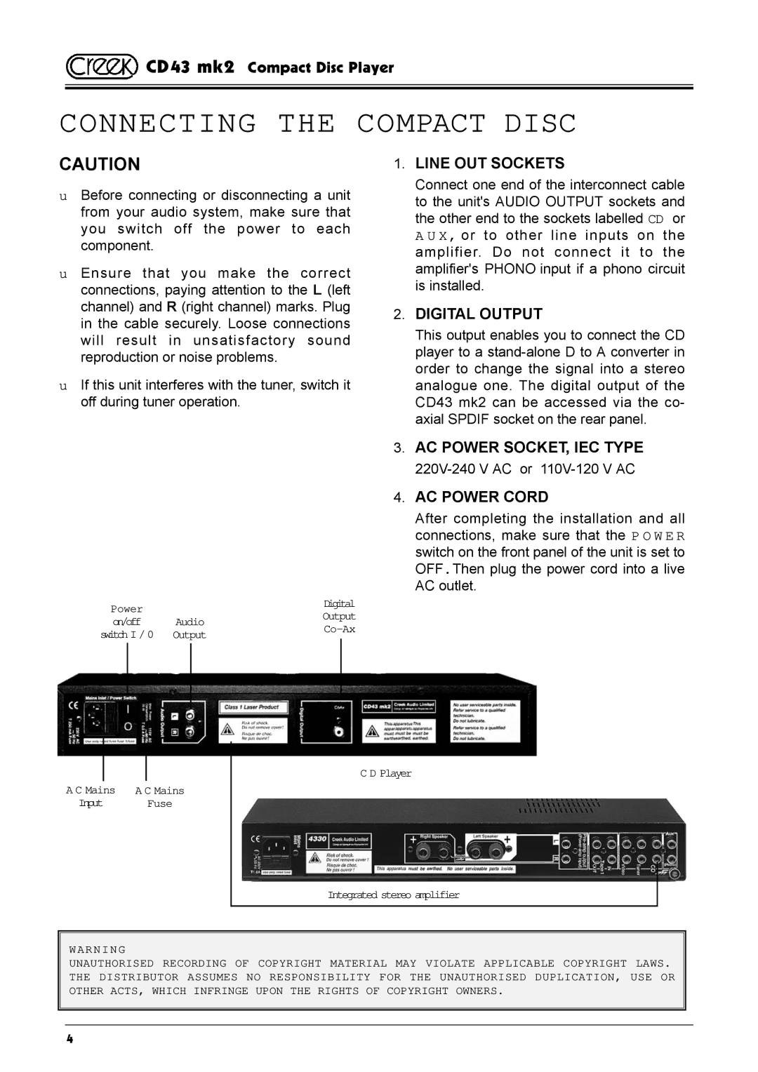 Creek Audio CD43 mk 2 manual Connecting the Compact Disc, Line OUT Sockets 