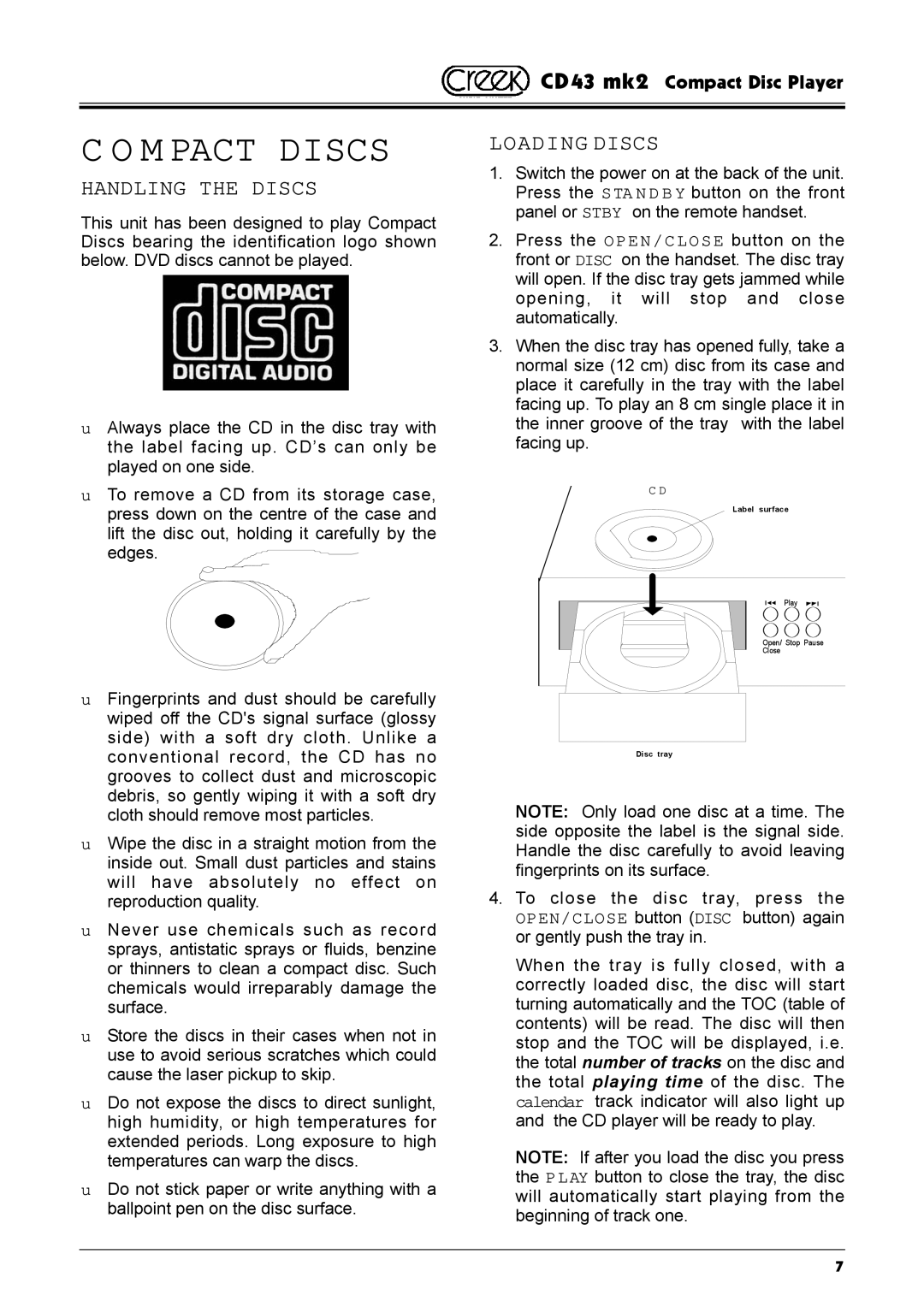 Creek Audio CD43 mk 2 manual M Pact Discs, Handling the Discs, Loading Discs 
