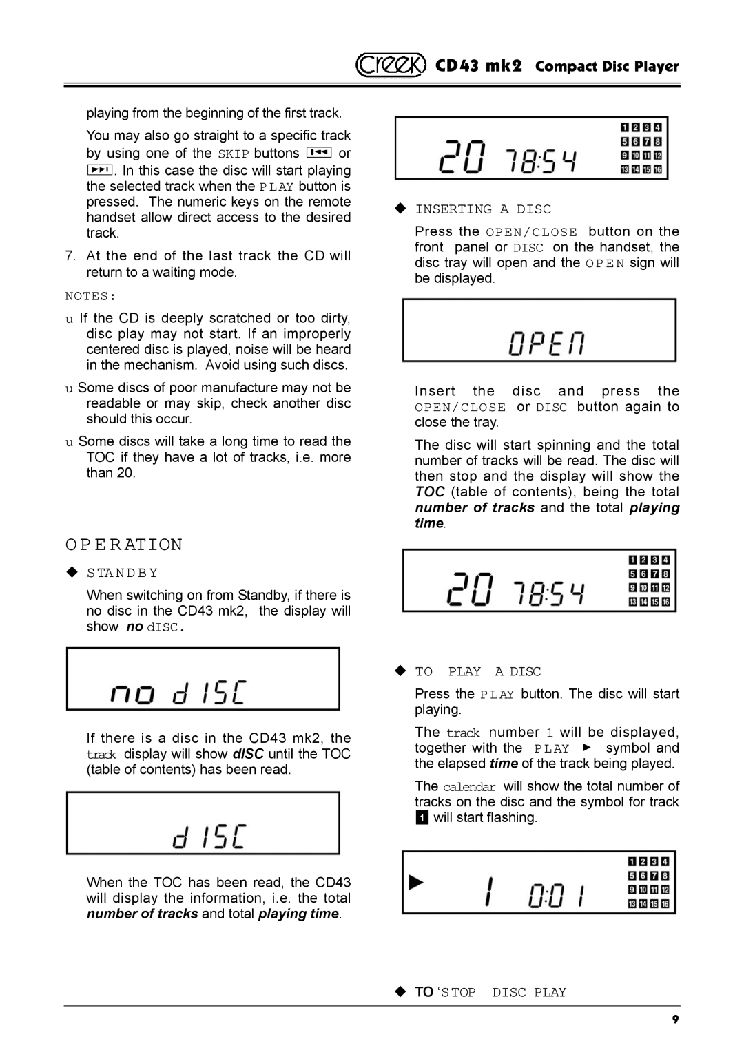 Creek Audio CD43 mk 2 manual ‹ Sta N D B Y, ‹ Inserting a Disc, ‹ to Play a Disc, ‹ to ‘STOP Disc Play 