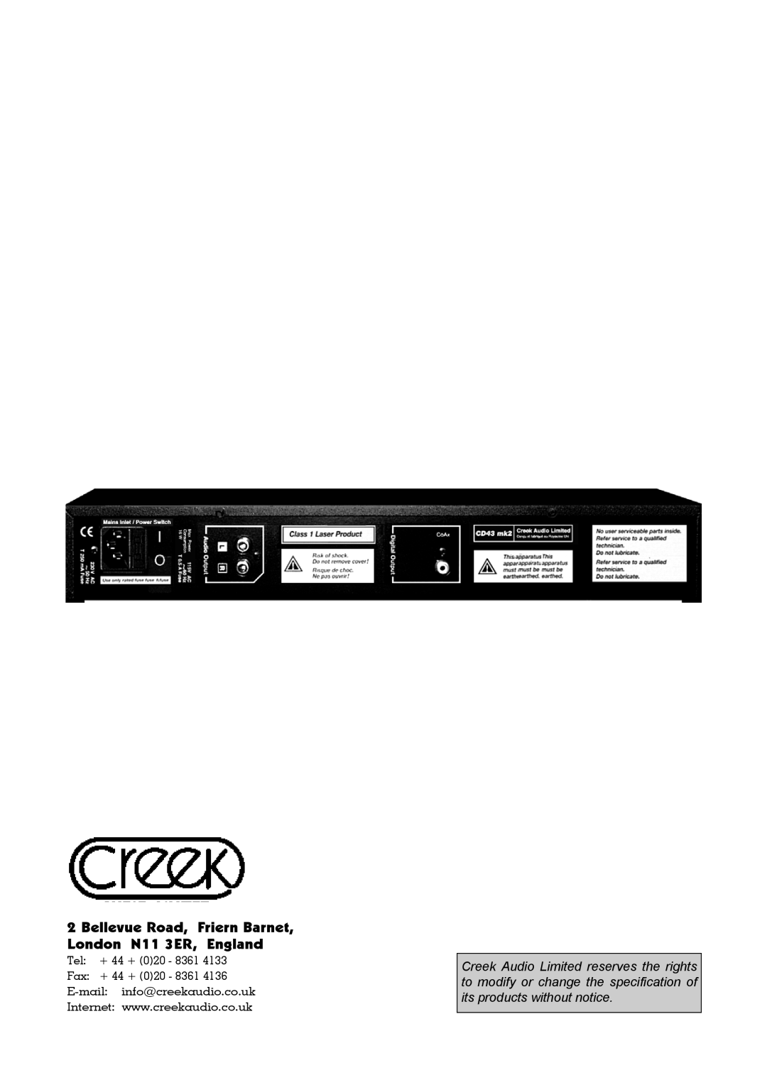 Creek Audio CD43 mk 2 manual Tel + 44 + 020 - 8361 Fax + 44 +, E-mail info@creekaudio.co.uk 