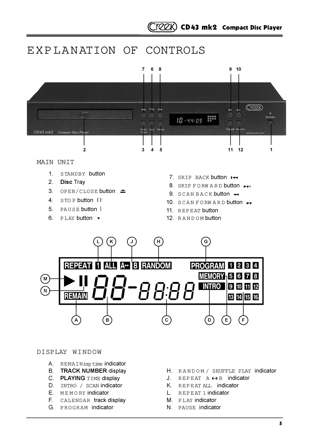 Creek Audio CD43 mk 2 manual Explanation Of Controls, Main Unit, Display Window, CD43 mk2 Compact Disc Player 