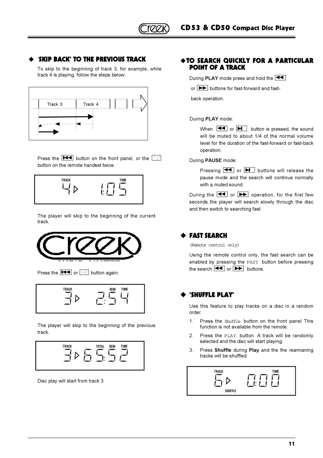 Creek Audio CD50, CD53 ‘SKIP BACK’ to the Previous Track, Point of a Track, Fast Search, ‘Shuffle Play’ 