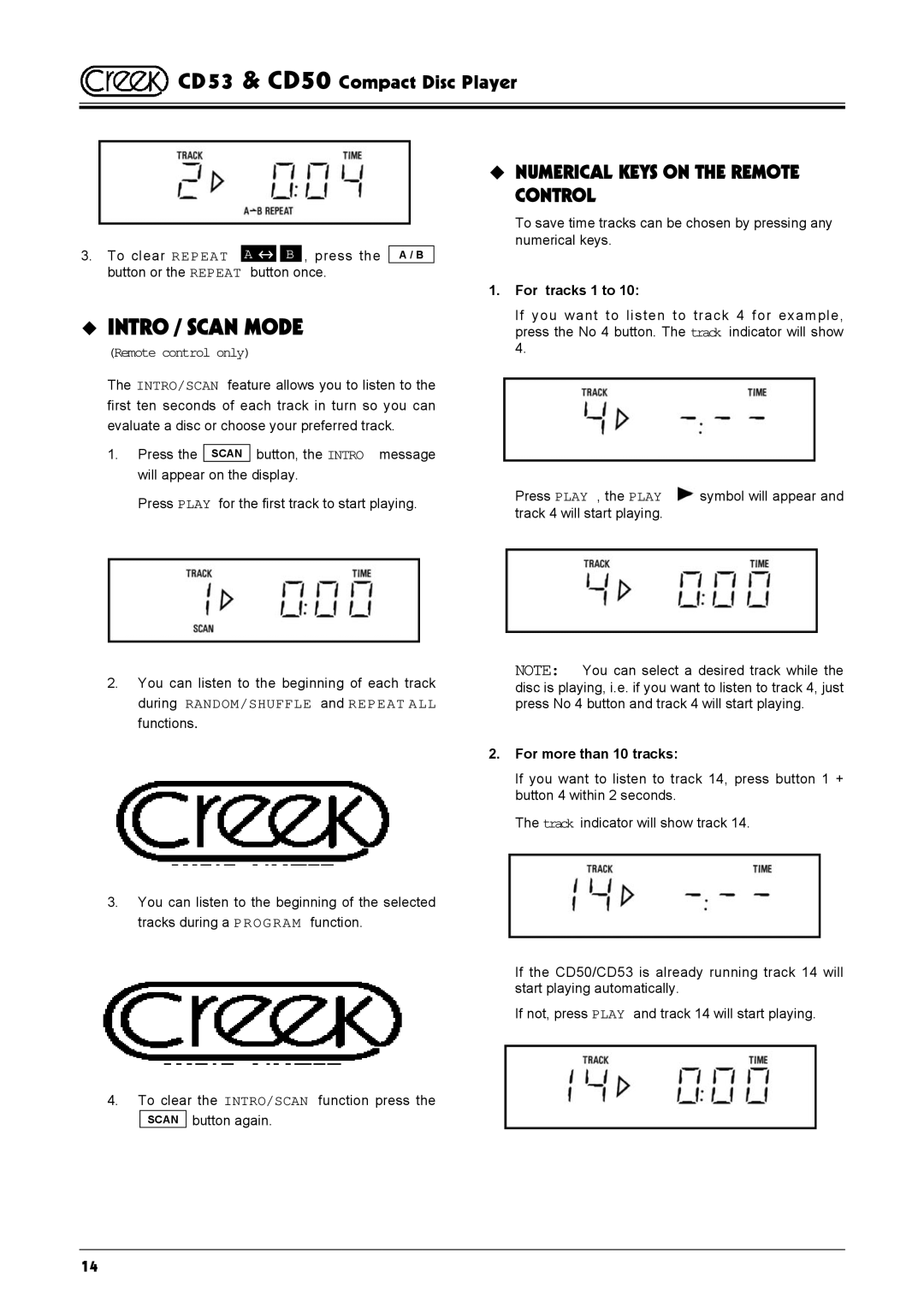 Creek Audio CD53, CD50 operating instructions Intro / Scan Mode, Numerical Keys on the Remote Control 