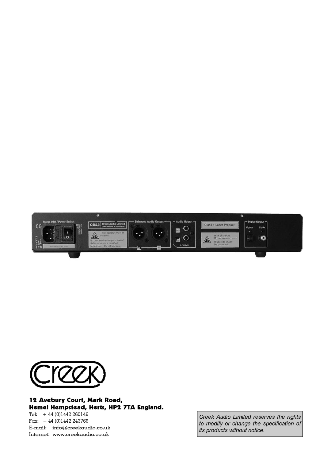 Creek Audio CD53, CD50 operating instructions Tel + 44 01442 Fax + 44 01442 Mail info@creekaudio.co.uk 