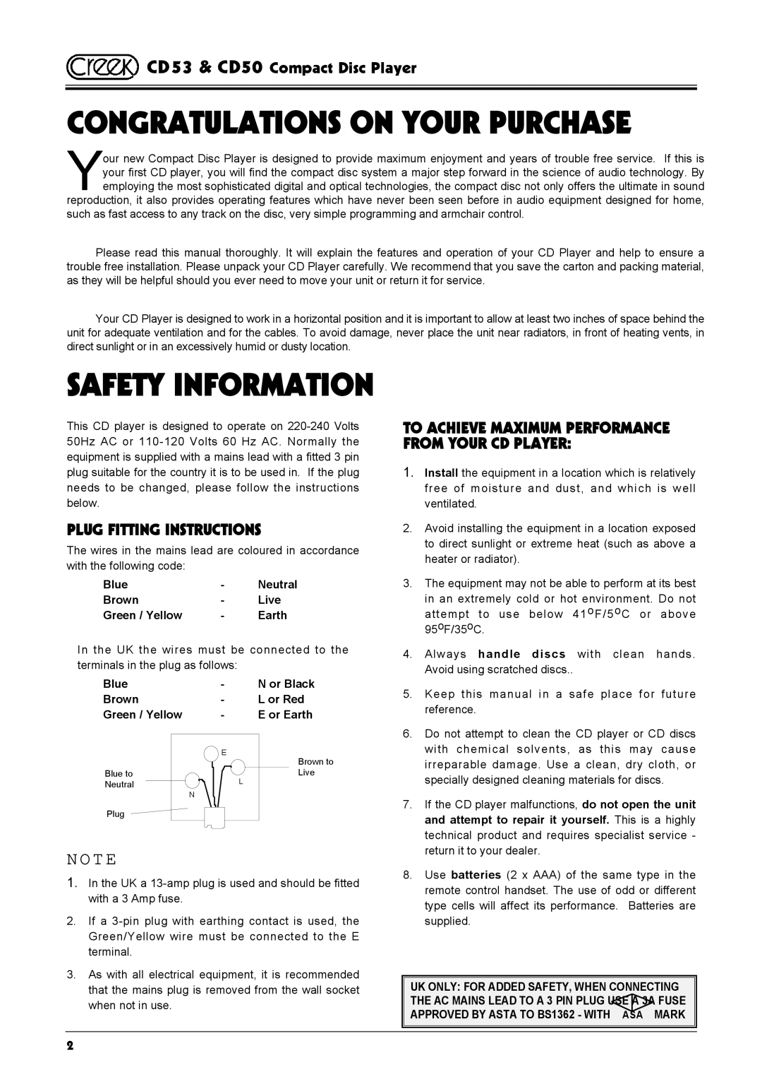 Creek Audio CD53, CD50 operating instructions Congratulations on Your Purchase, Plug Fitting Instructions 