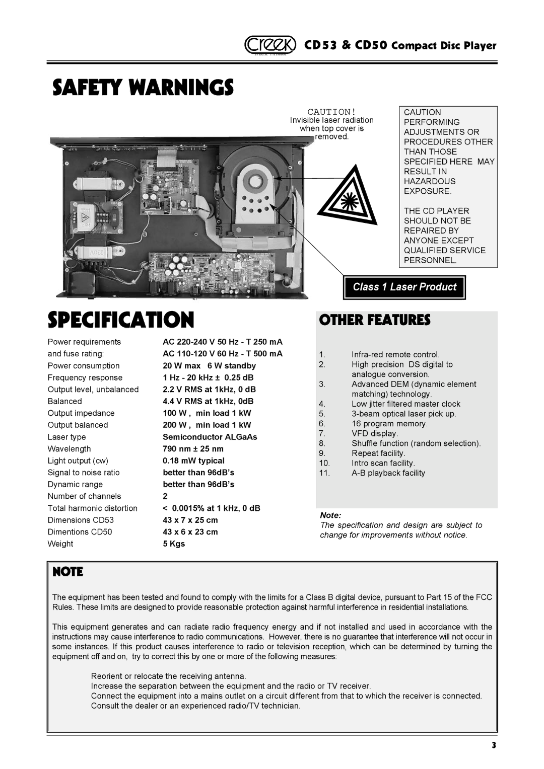 Creek Audio CD50, CD53 operating instructions Safety Warnings, Specification 