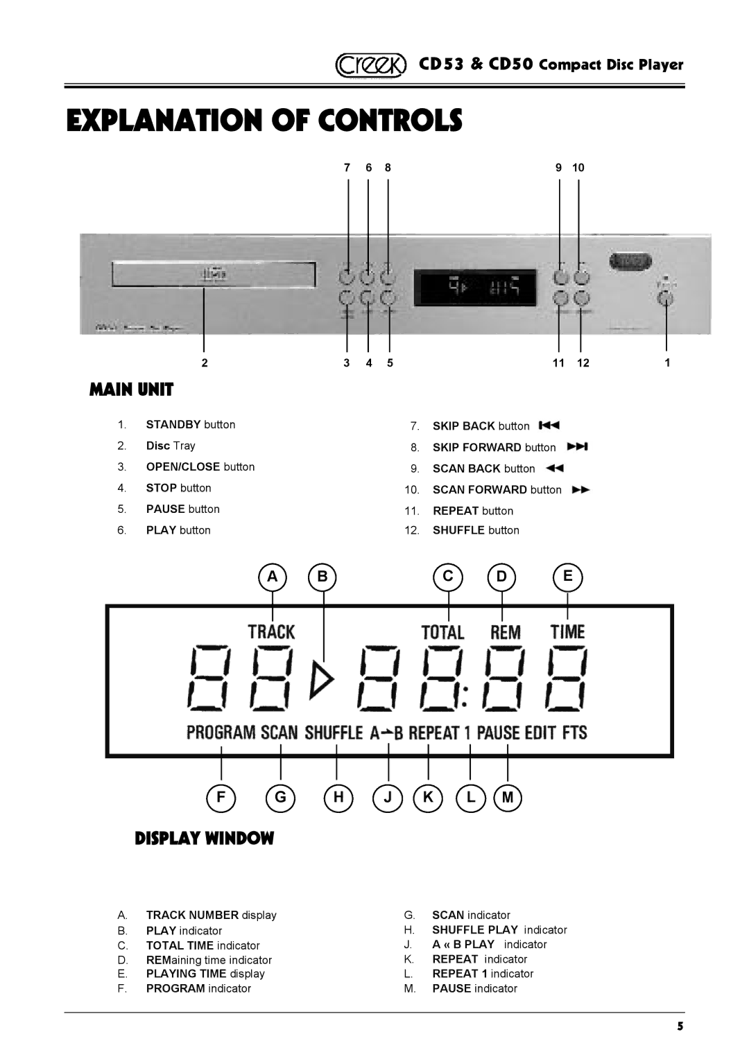 Creek Audio CD50, CD53 operating instructions Explanation of Controls, Main Unit, Display Window, H J K L M 