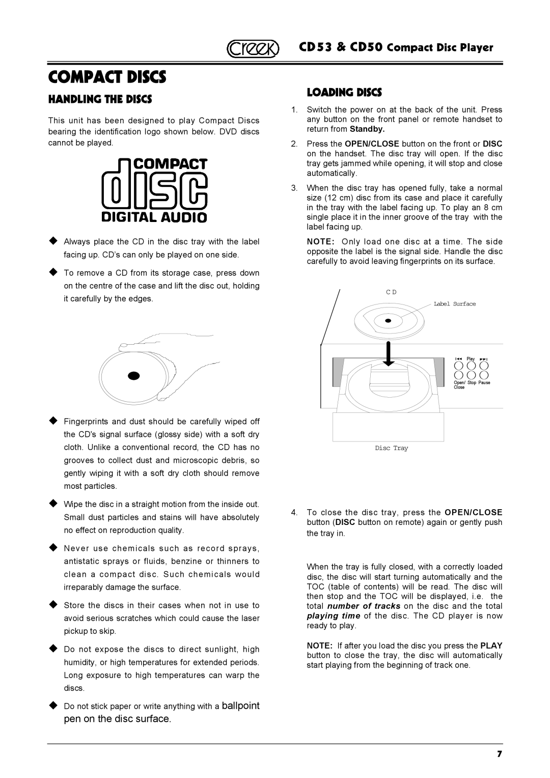 Creek Audio CD50, CD53 operating instructions Handling the Discs, Loading Discs 