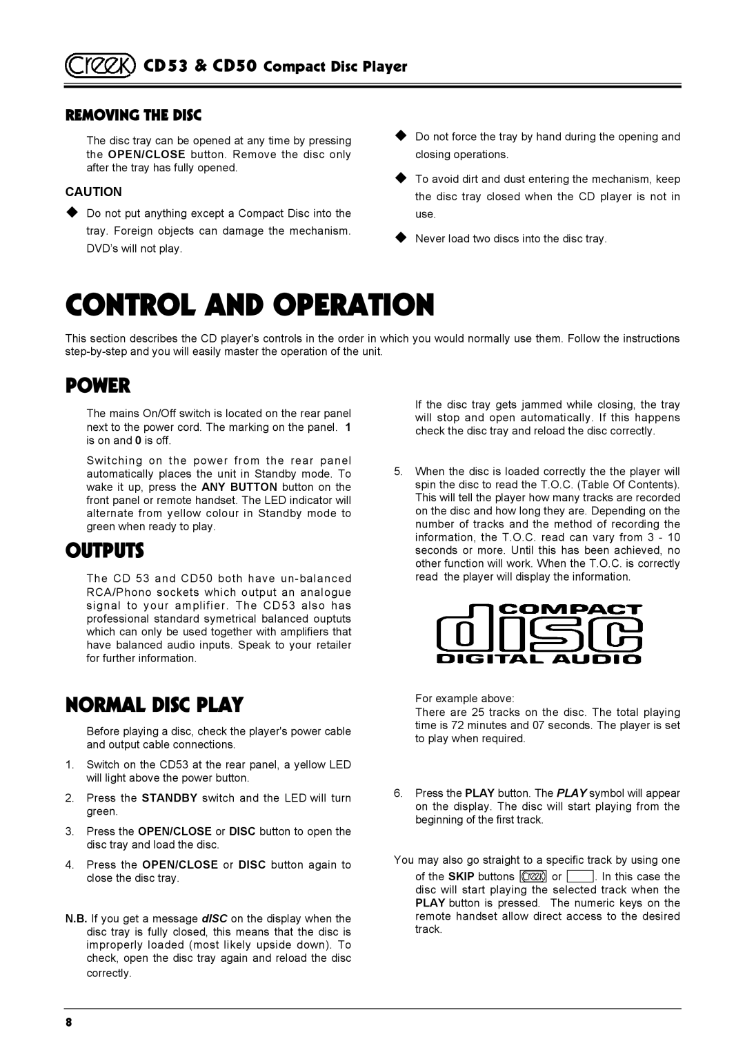 Creek Audio CD53, CD50 operating instructions Control and Operation, Removing the Disc 