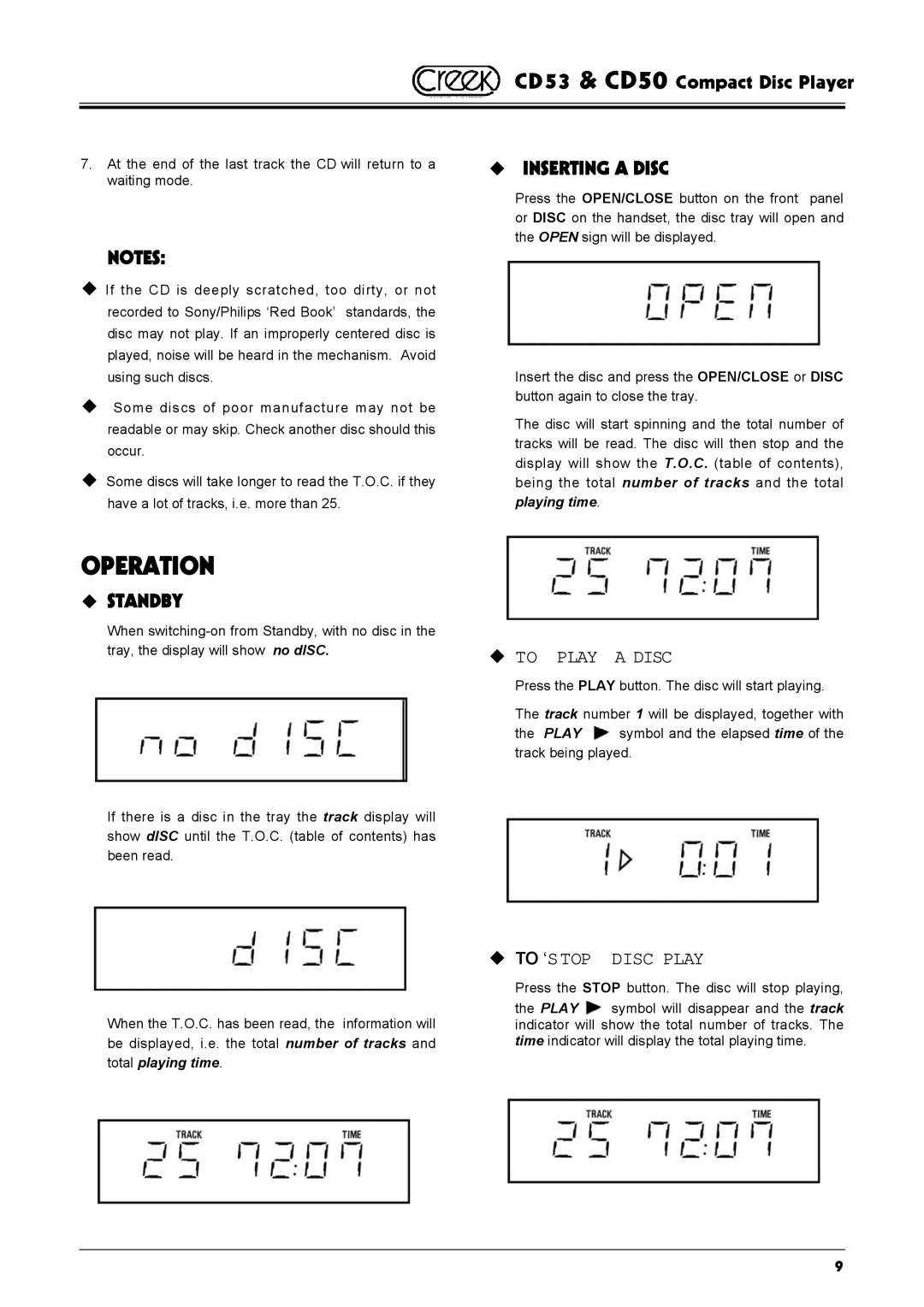 Creek Audio CD50, CD53 operating instructions Standby, Inserting a Disc 