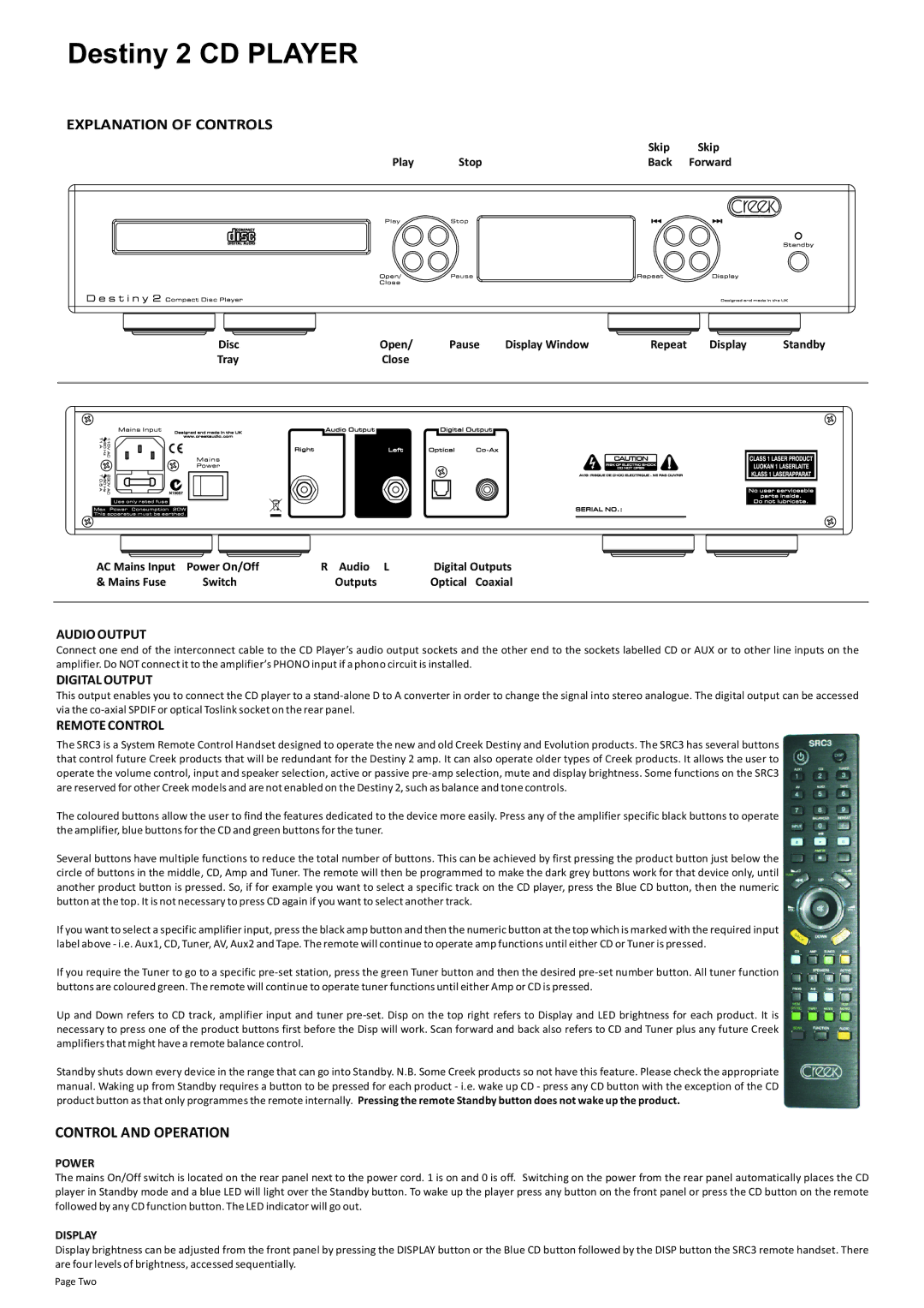 Creek Audio Destiny 2 manual Audio Output, Digital Output, Remote Control, Power, Display 