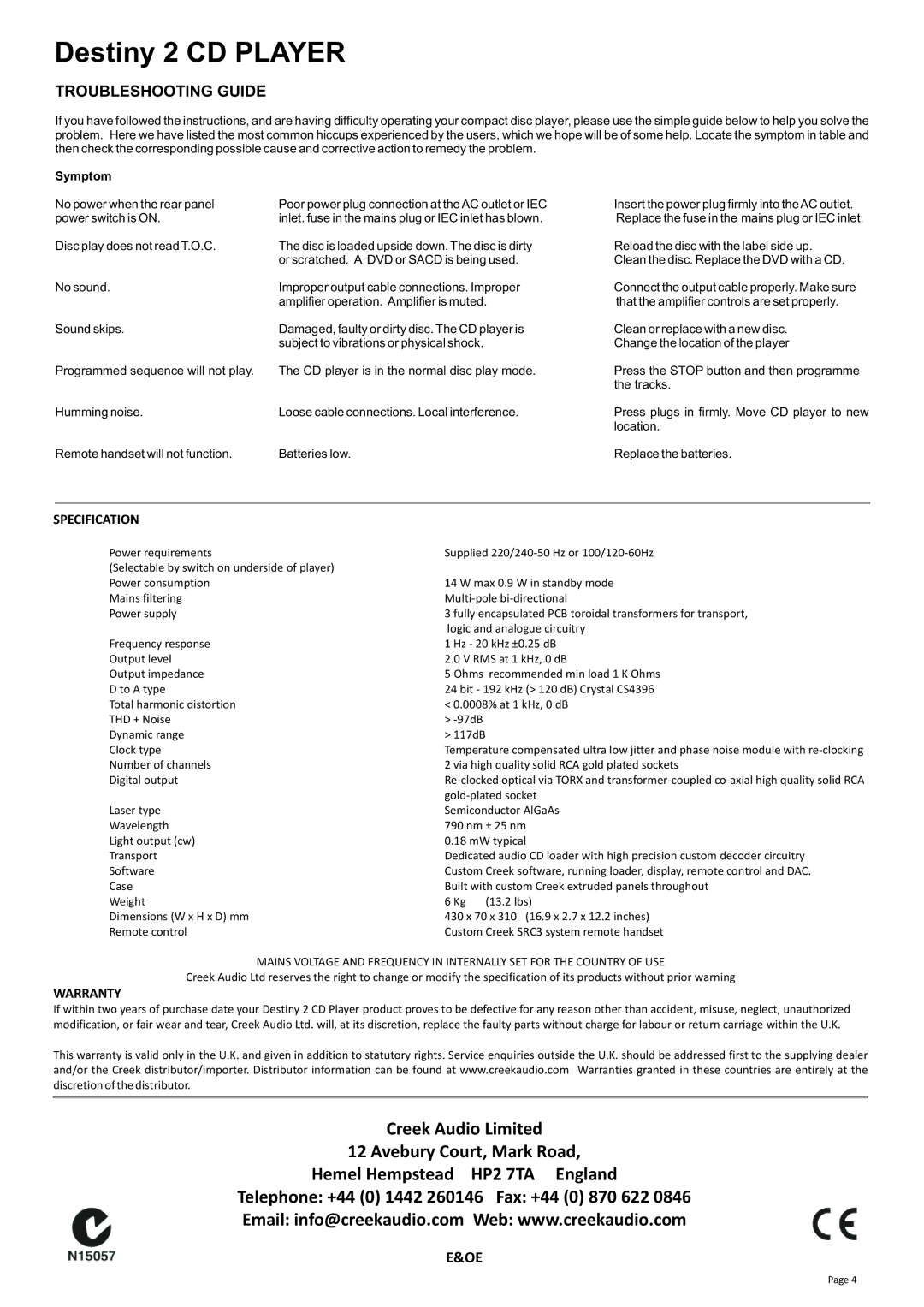 Creek Audio Destiny 2 manual Specification, Warranty 