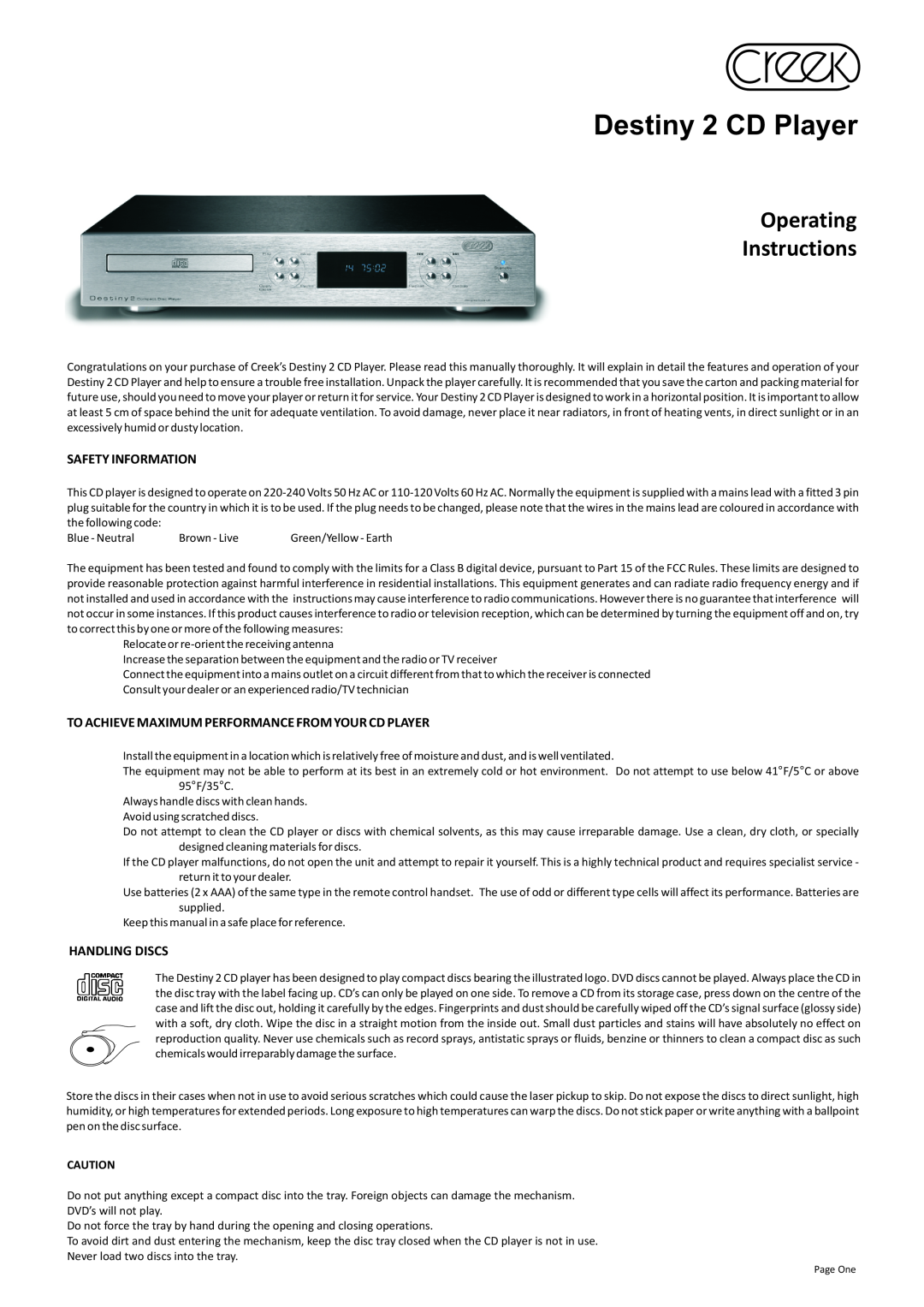 Creek Audio manual Destiny 2 CD Player, Safety Information, Handling Discs, Operating Instructions 