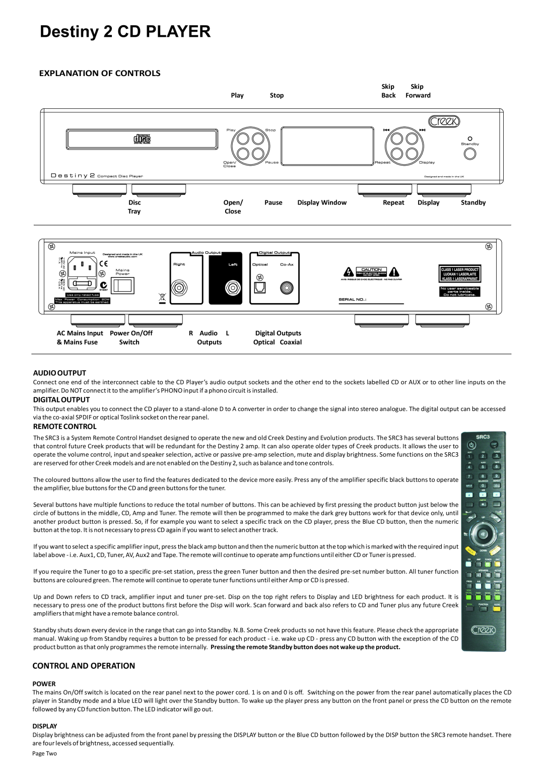 Creek Audio manual Destiny 2 CD PLAYER, Explanation Of Controls, Control And Operation, Audio Output, Digital Output 