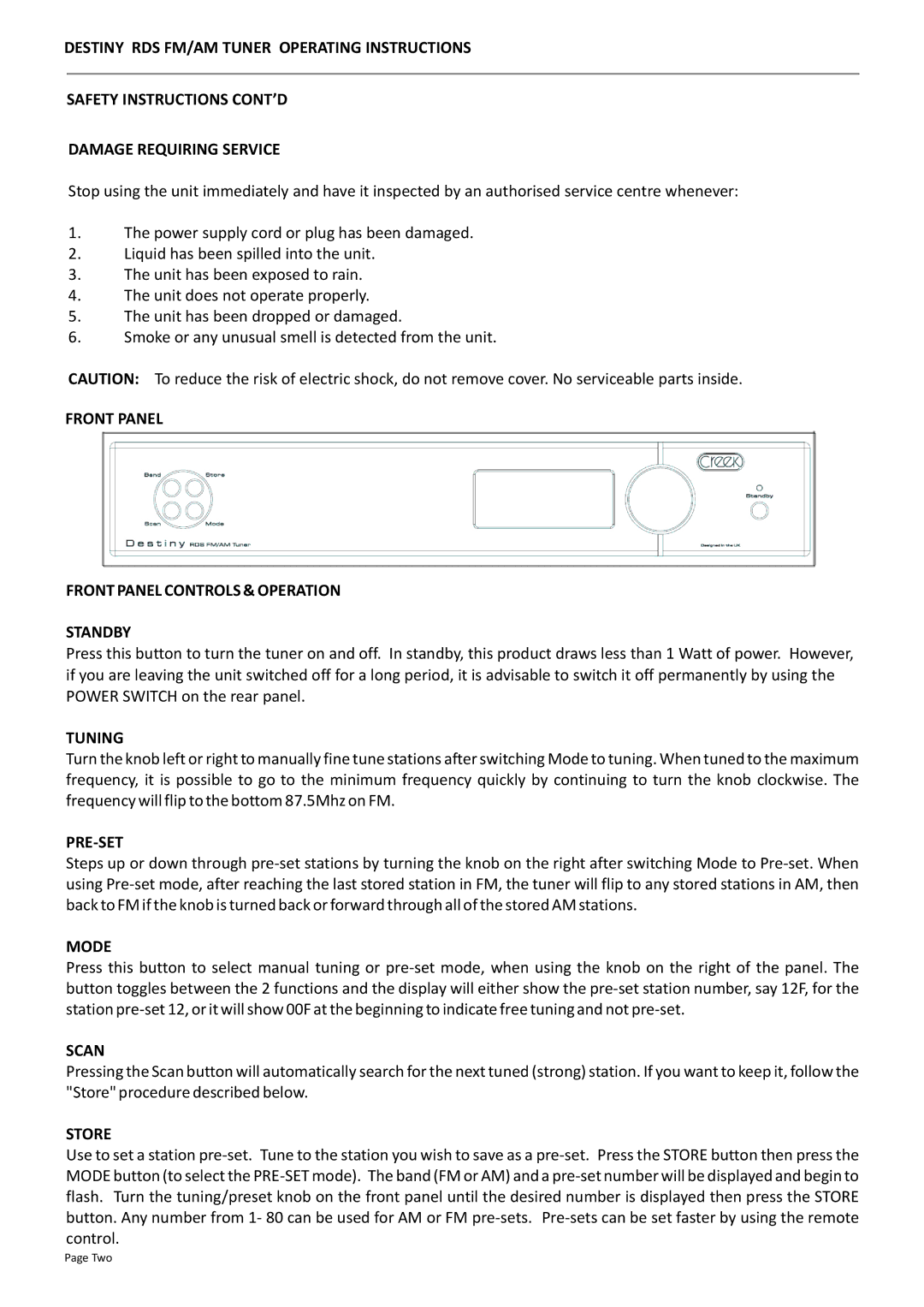 Creek Audio Destiny manual Front Panel Front Panel Controls & Operation Standby, Tuning, Pre-Set, Mode, Scan, Store 