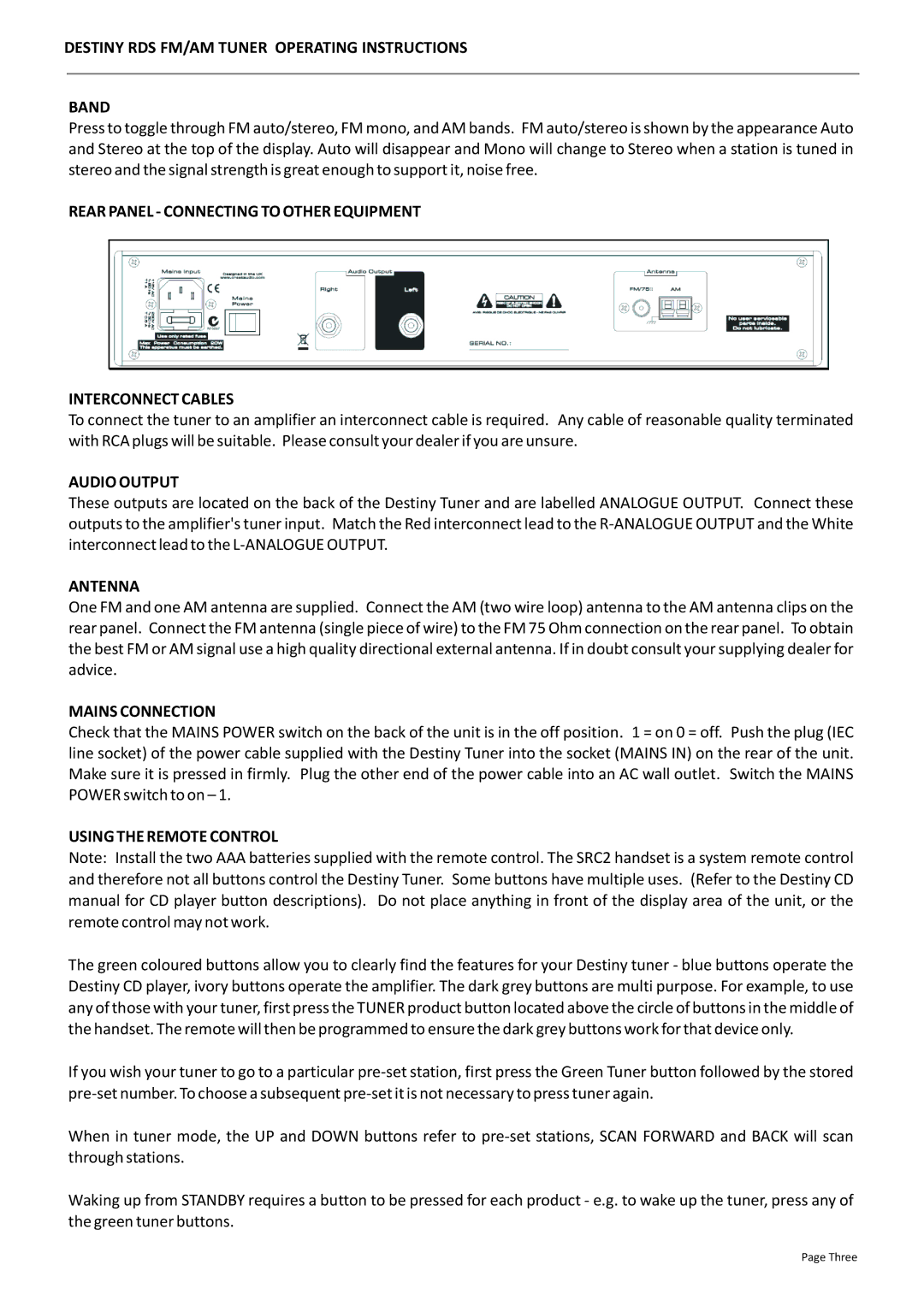 Creek Audio manual Destiny RDS FM/AM Tuner Operating Instructions Band, Audio Output, Antenna, Mains Connection 