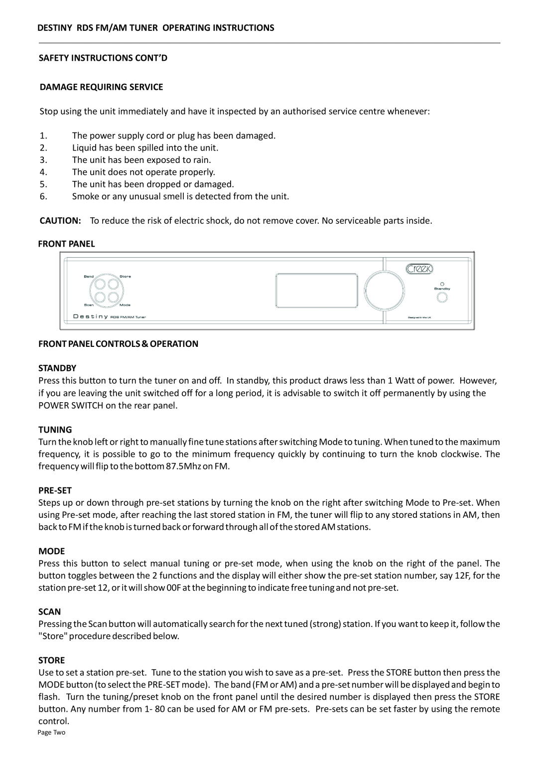 Creek Audio Destiny Rds Fm/Am Tuner Operating Instructions, Safety Instructions Cont’D, Damage Requiring Service, Mode 