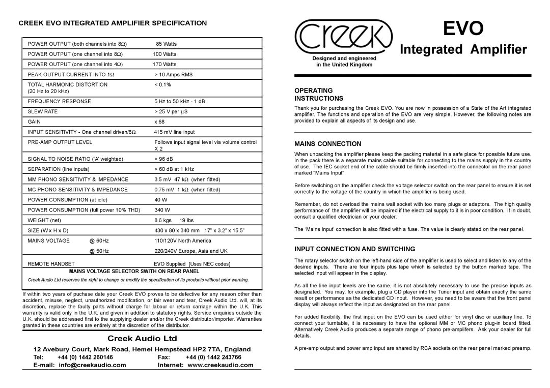 Creek Audio EVO warranty Operating Instructions, Mains Connection, Input Connection and Switching 