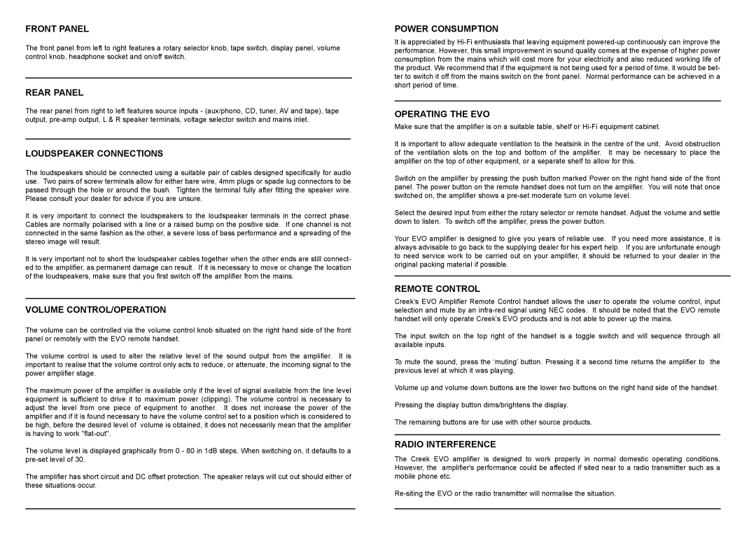 Creek Audio EVO warranty Front Panel, Rear Panel, Loudspeaker Connections, Volume CONTROL/OPERATION, Power Consumption 