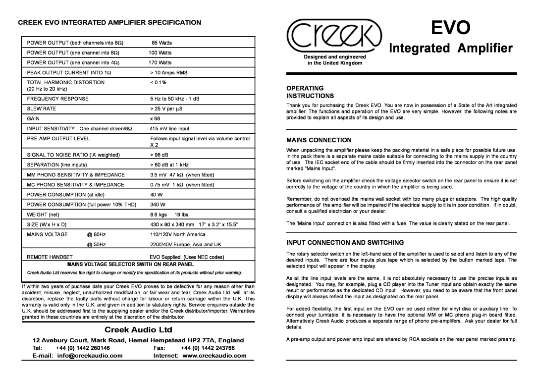 Creek Audio EVO warranty Operating Instructions, Mains Connection, Input Connection And Switching, Integrated Amplifier 