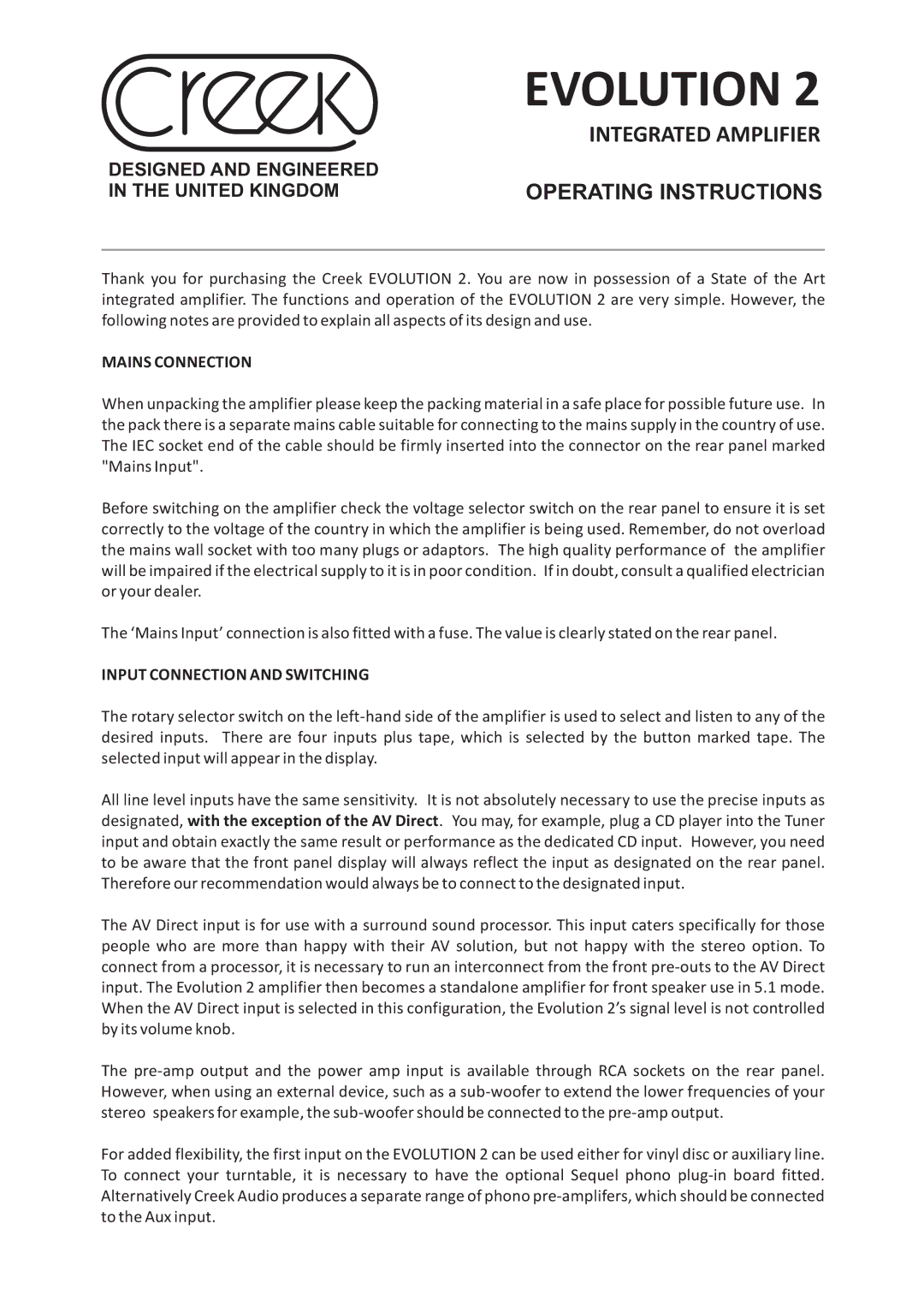 Creek Audio Evolution 2 operating instructions Mains Connection, Input Connection and Switching 